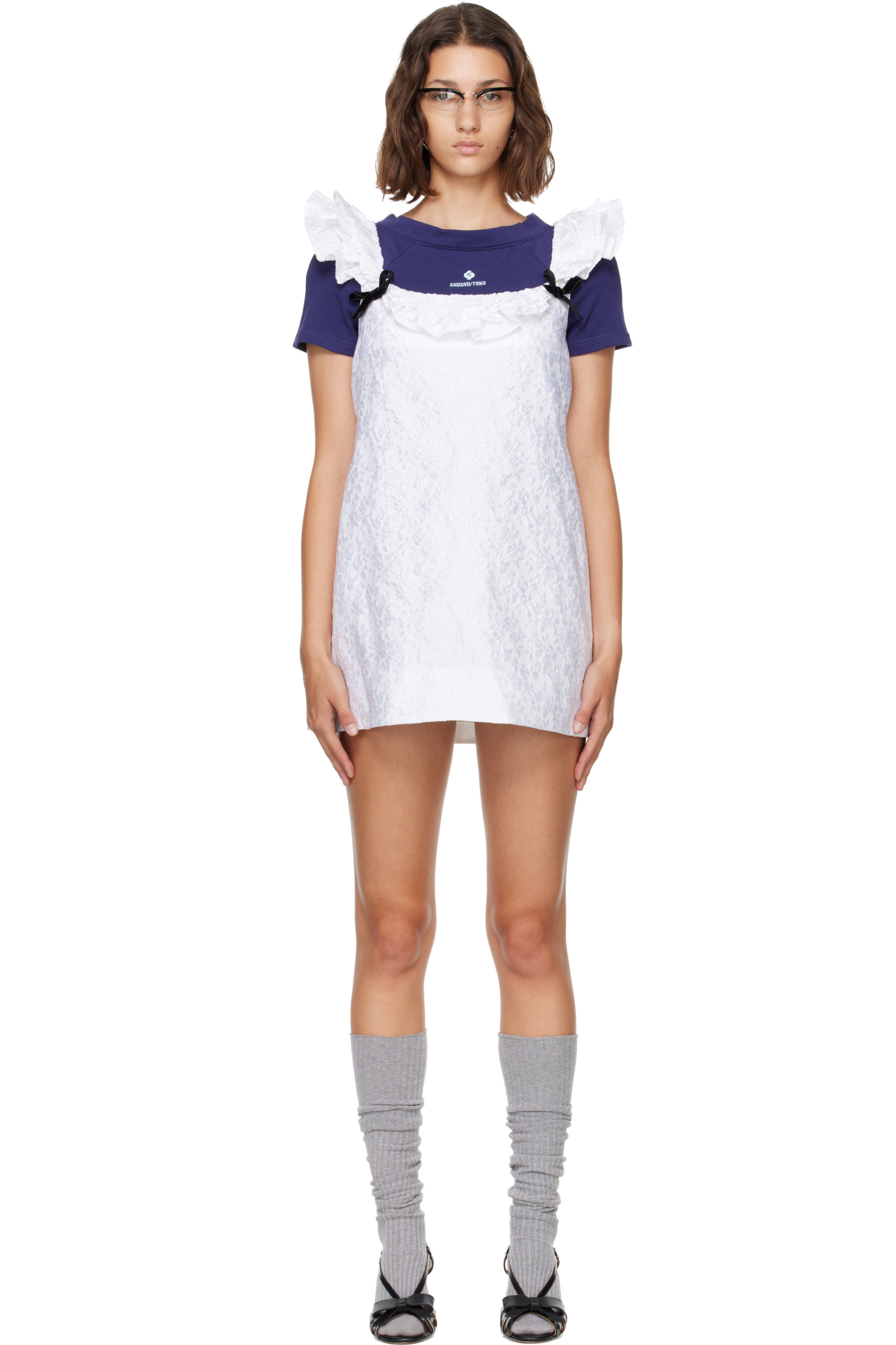SHUSHU/TONG - White Lace Trim Sleeve Straight Minidress