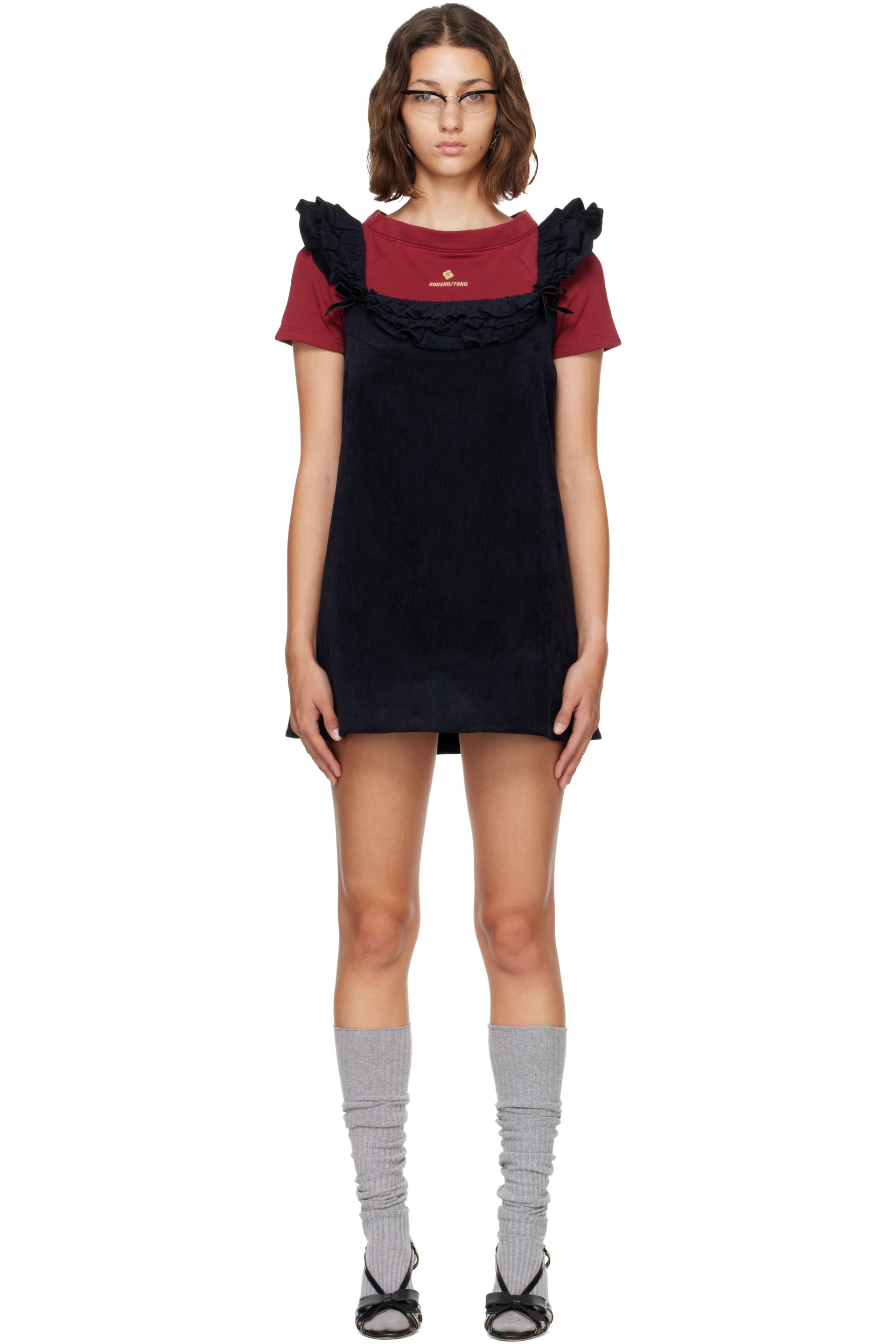 SHUSHU/TONG - Navy Lace Trim Sleeve Straight Minidress