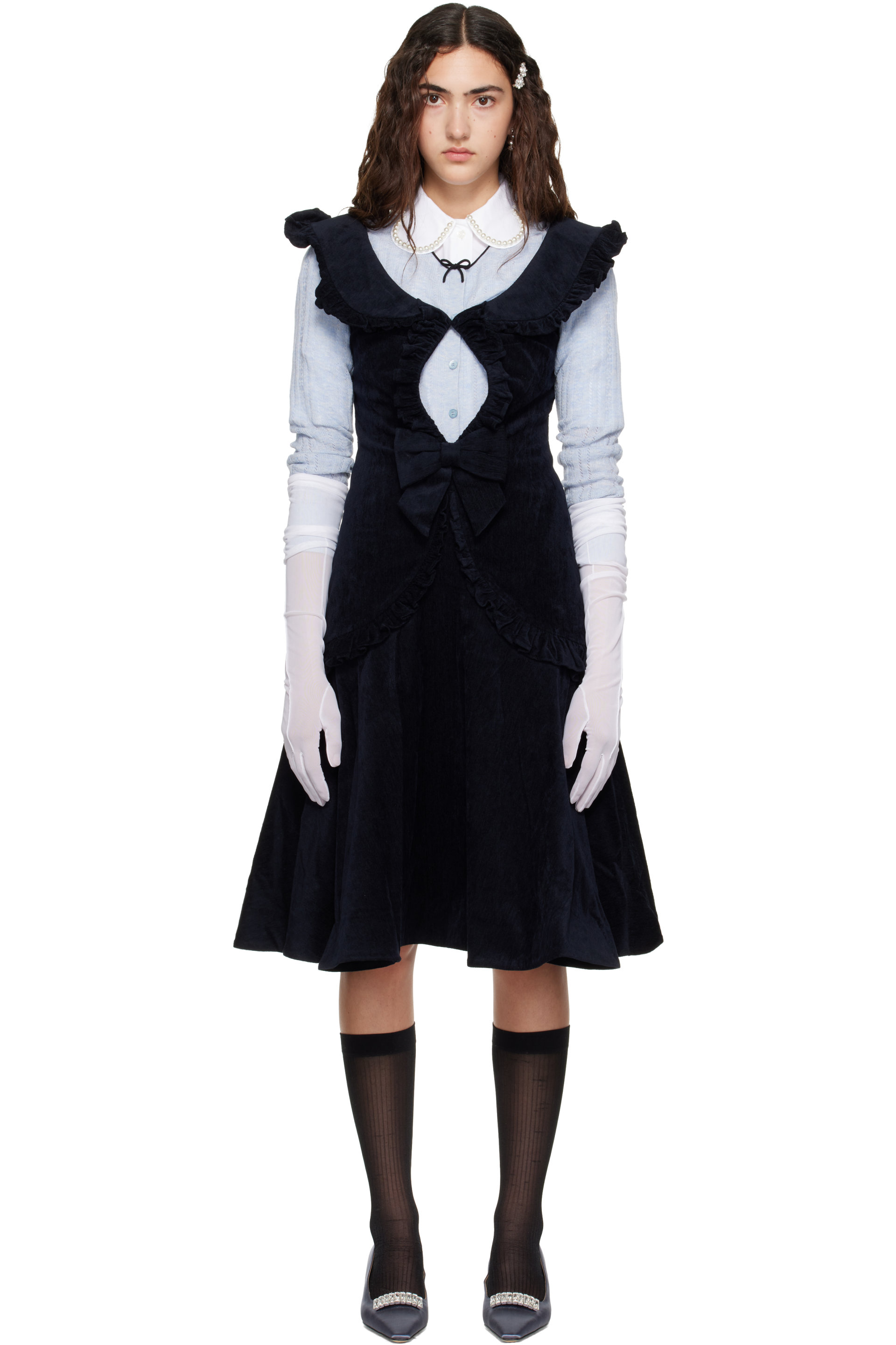 SHUSHU/TONG - Navy Ruffled Cut-Out Midi Dress