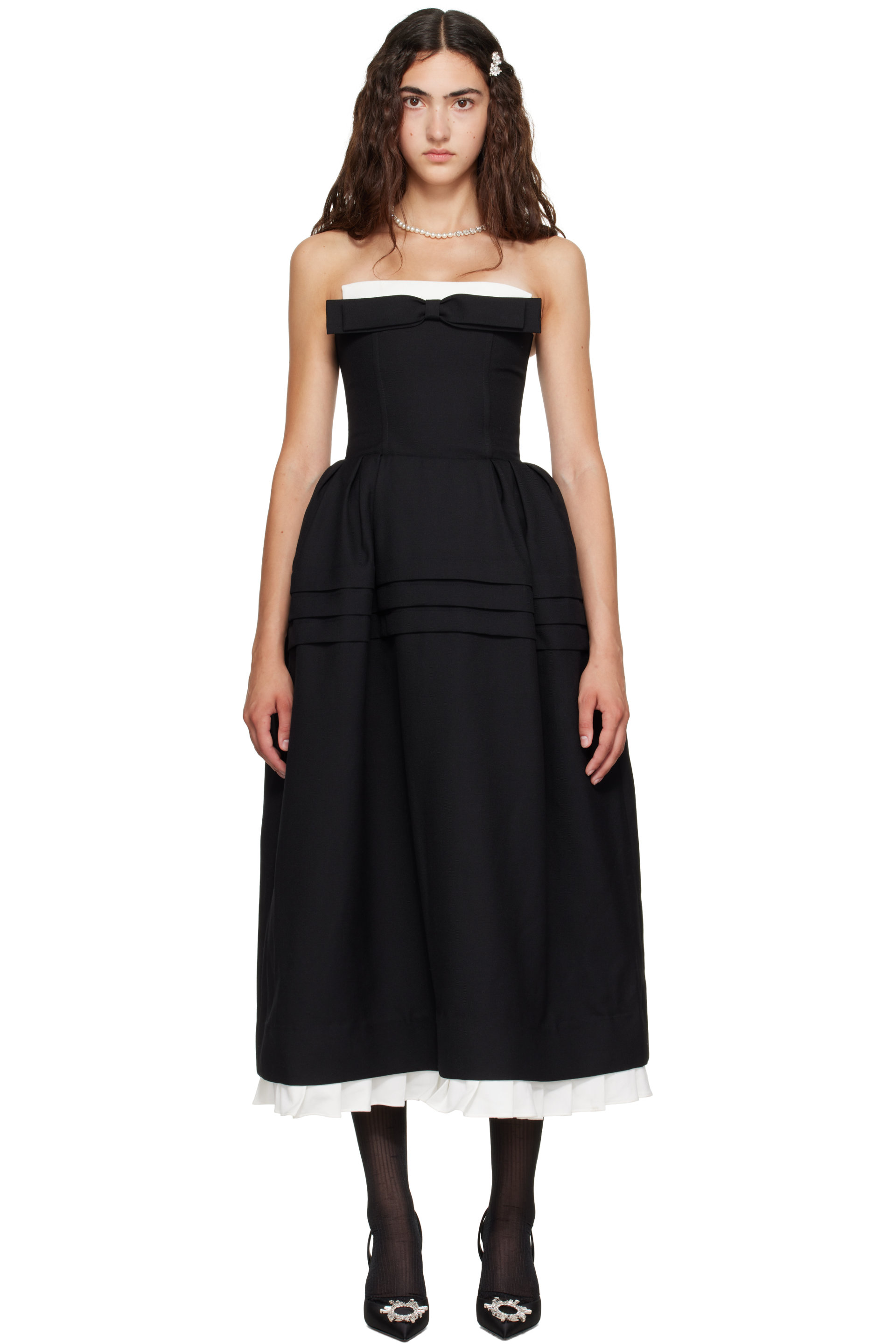 SHUSHU/TONG - Black Tuck Flower Bud Midi Dress