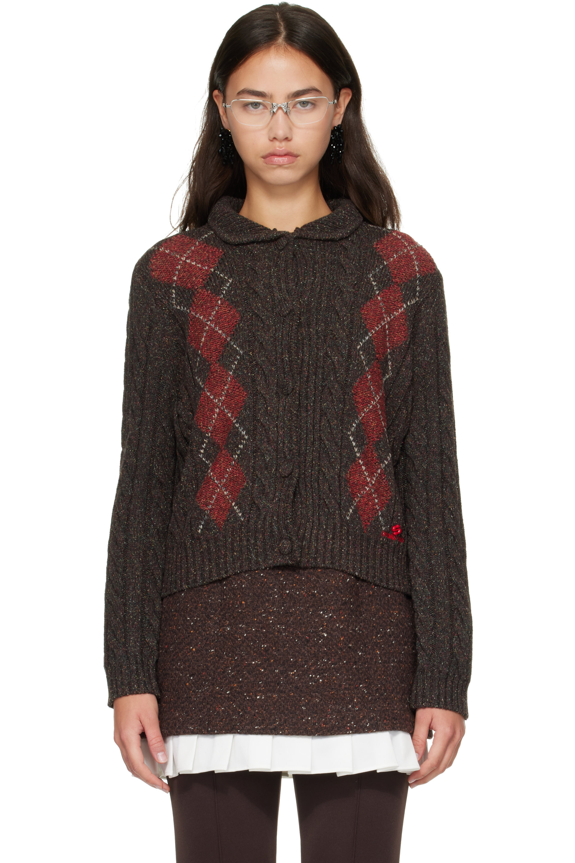 SHUSHU/TONG - Brown Retro Color-Blocked Diamond Knit Cardigan