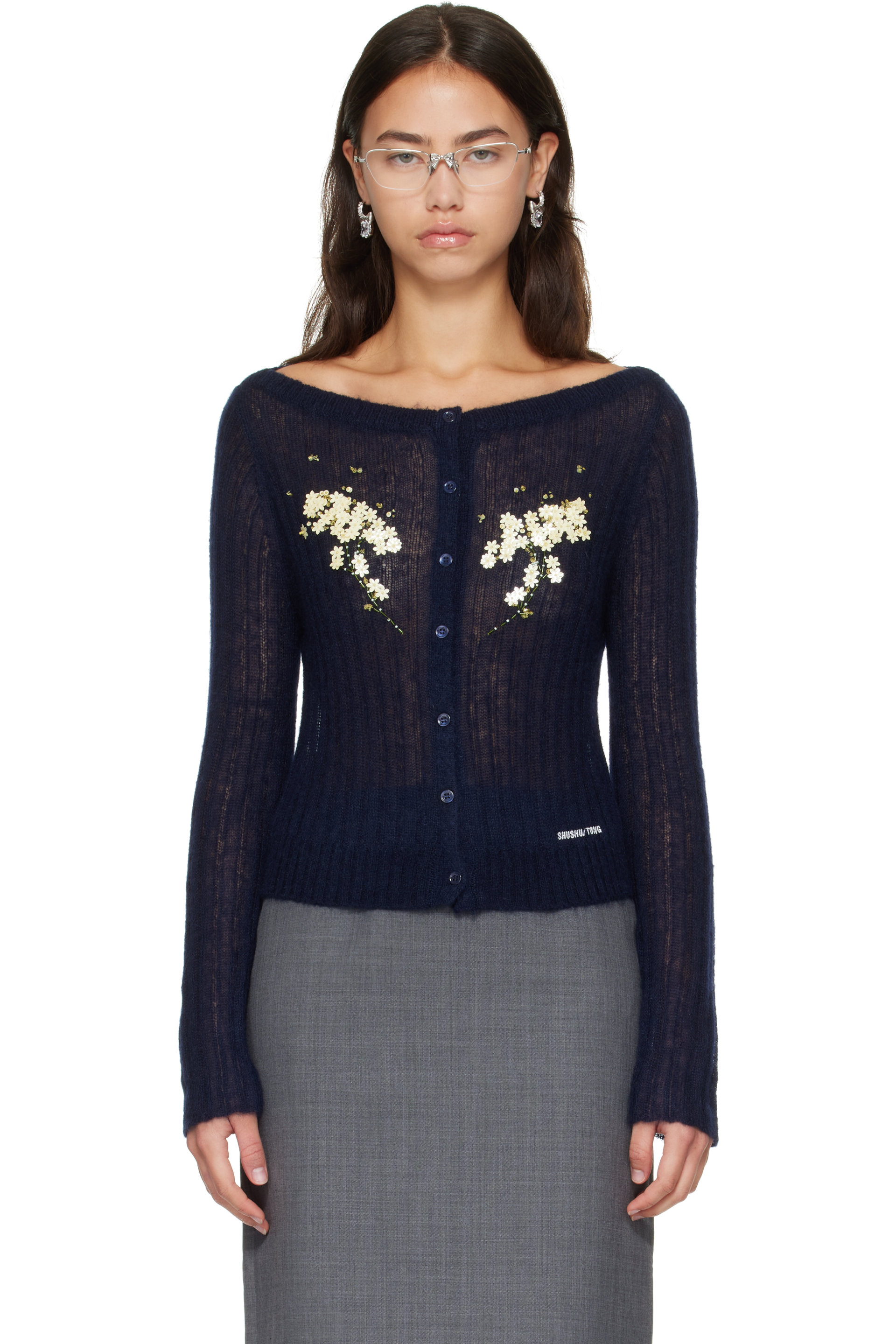 SHUSHU/TONG - Navy Beaded Floral Embellished Cardigan