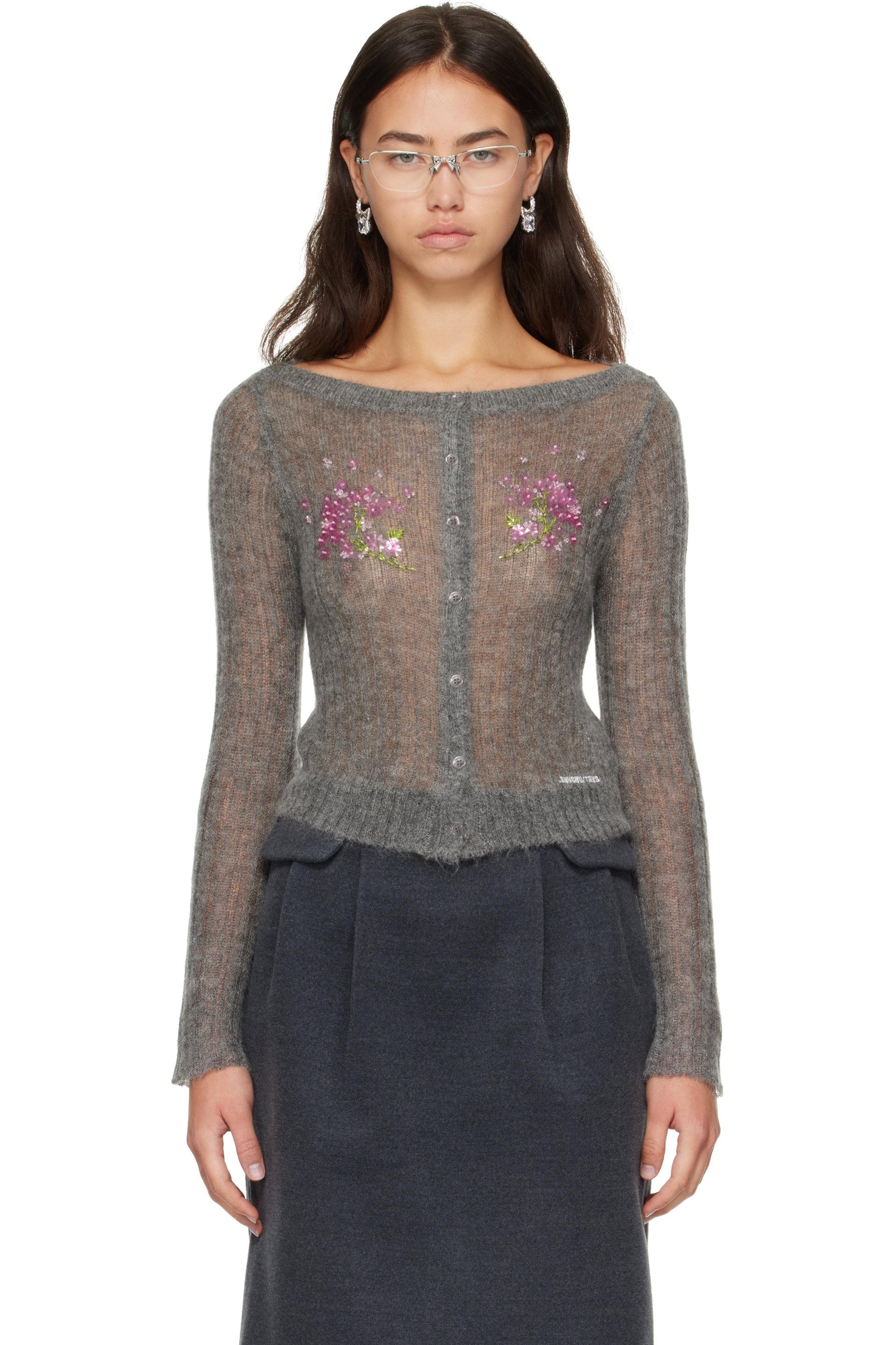 SHUSHU/TONG - Gray Beaded Floral Embellished Cardigan