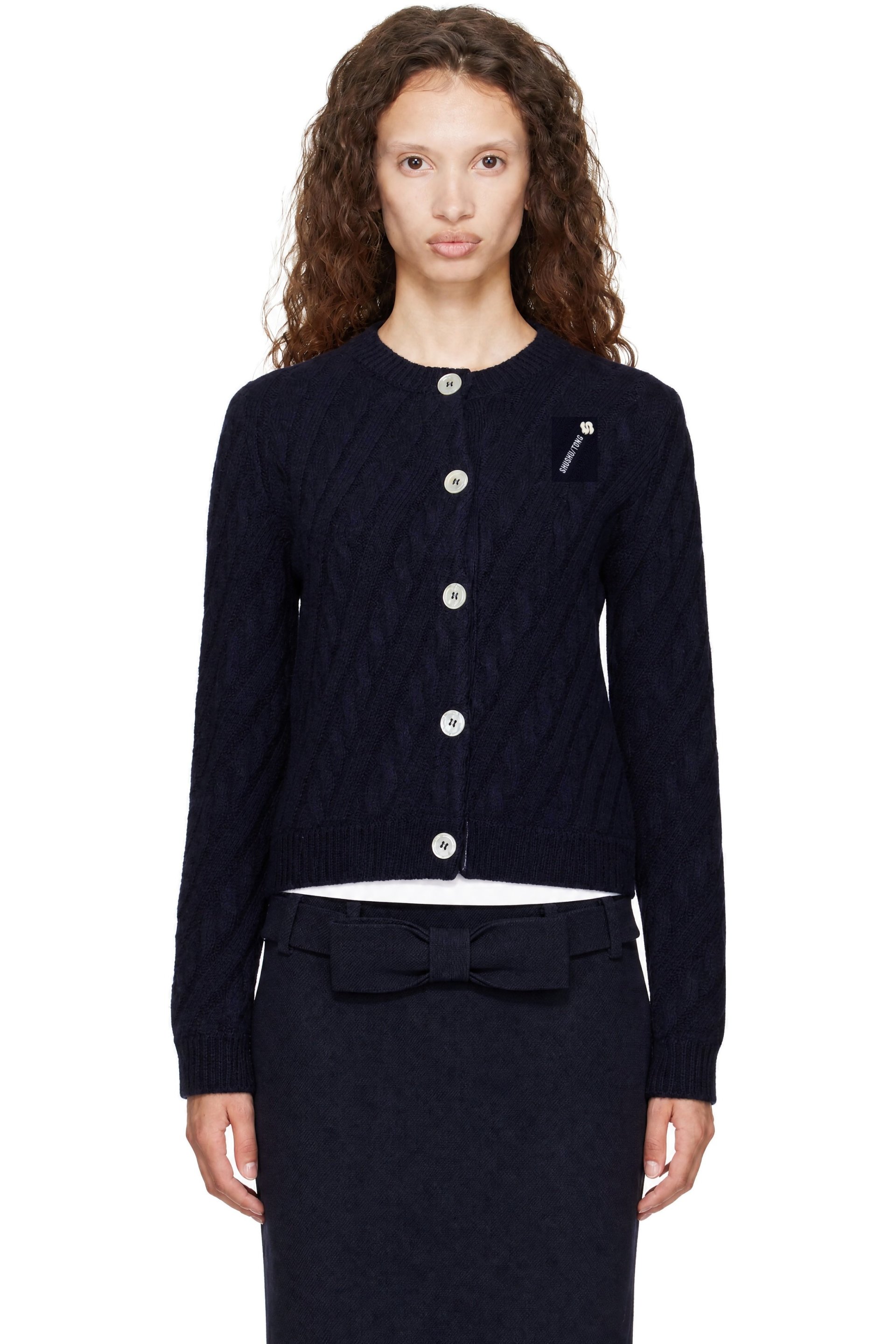 SHUSHU/TONG - Cardigan bleu marine en tricot câblé