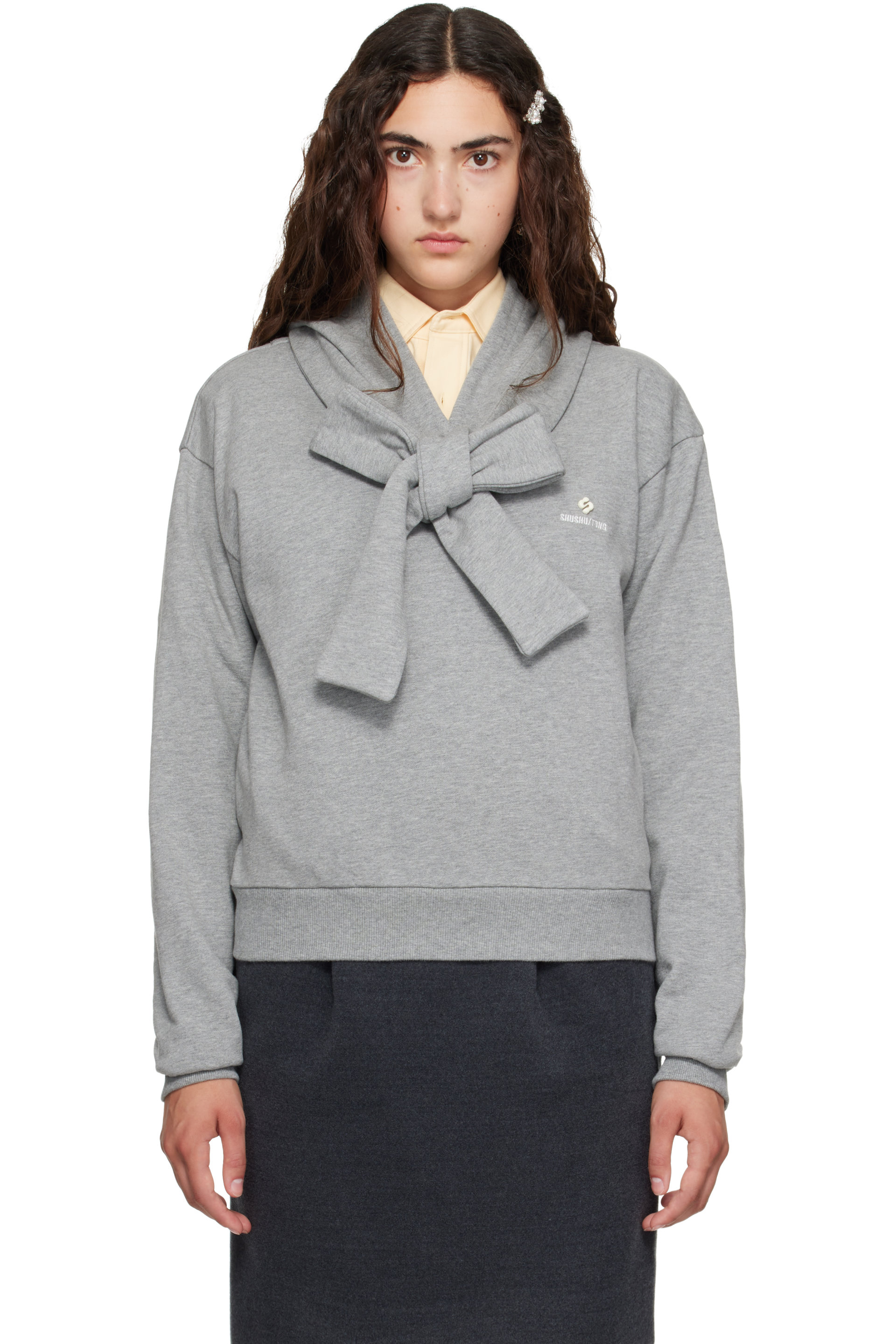 SHUSHU/TONG - Gray Tie Front Bow Hoodie
