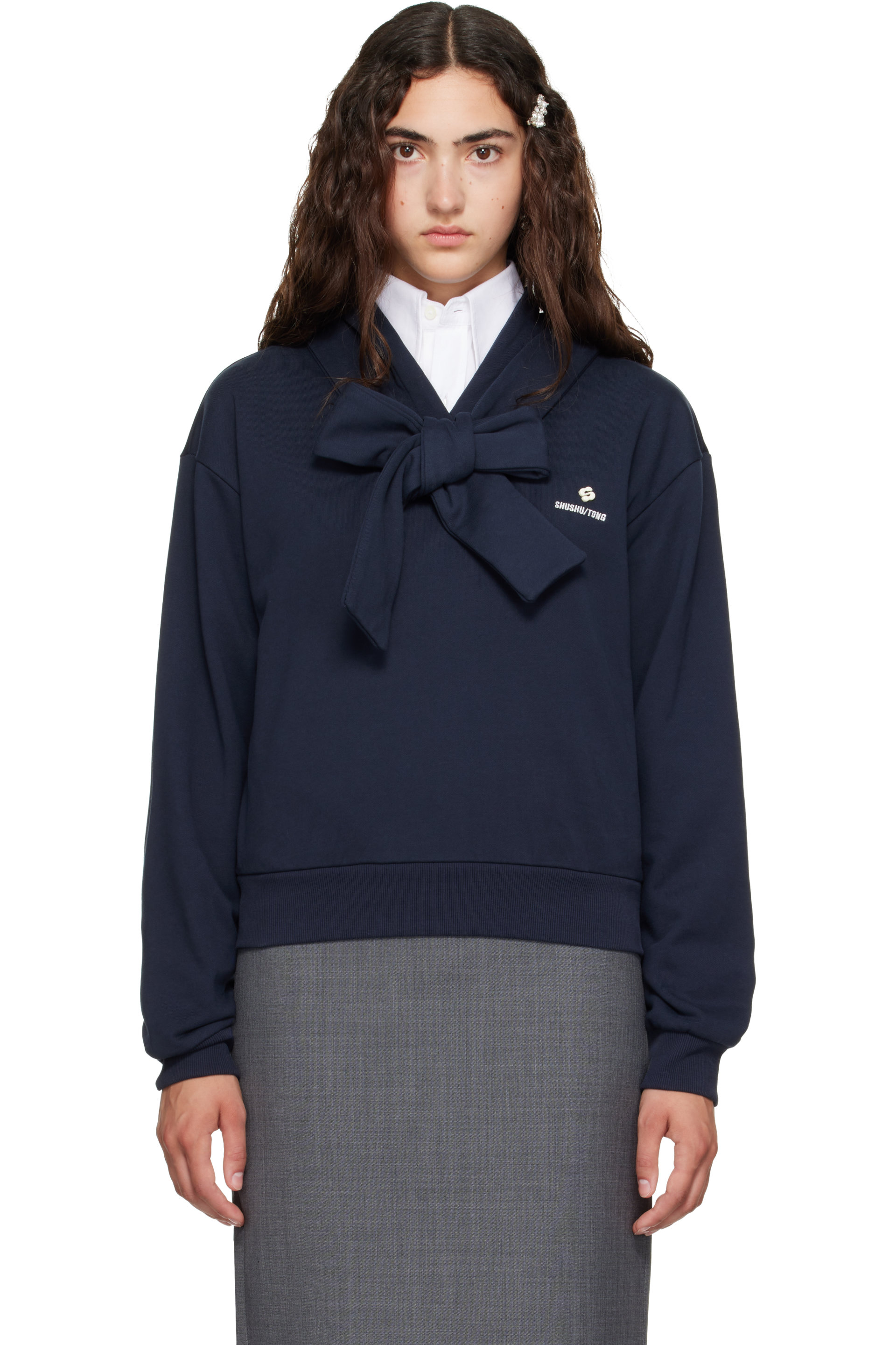 SHUSHU/TONG - Navy Tie Front Bow Hoodie