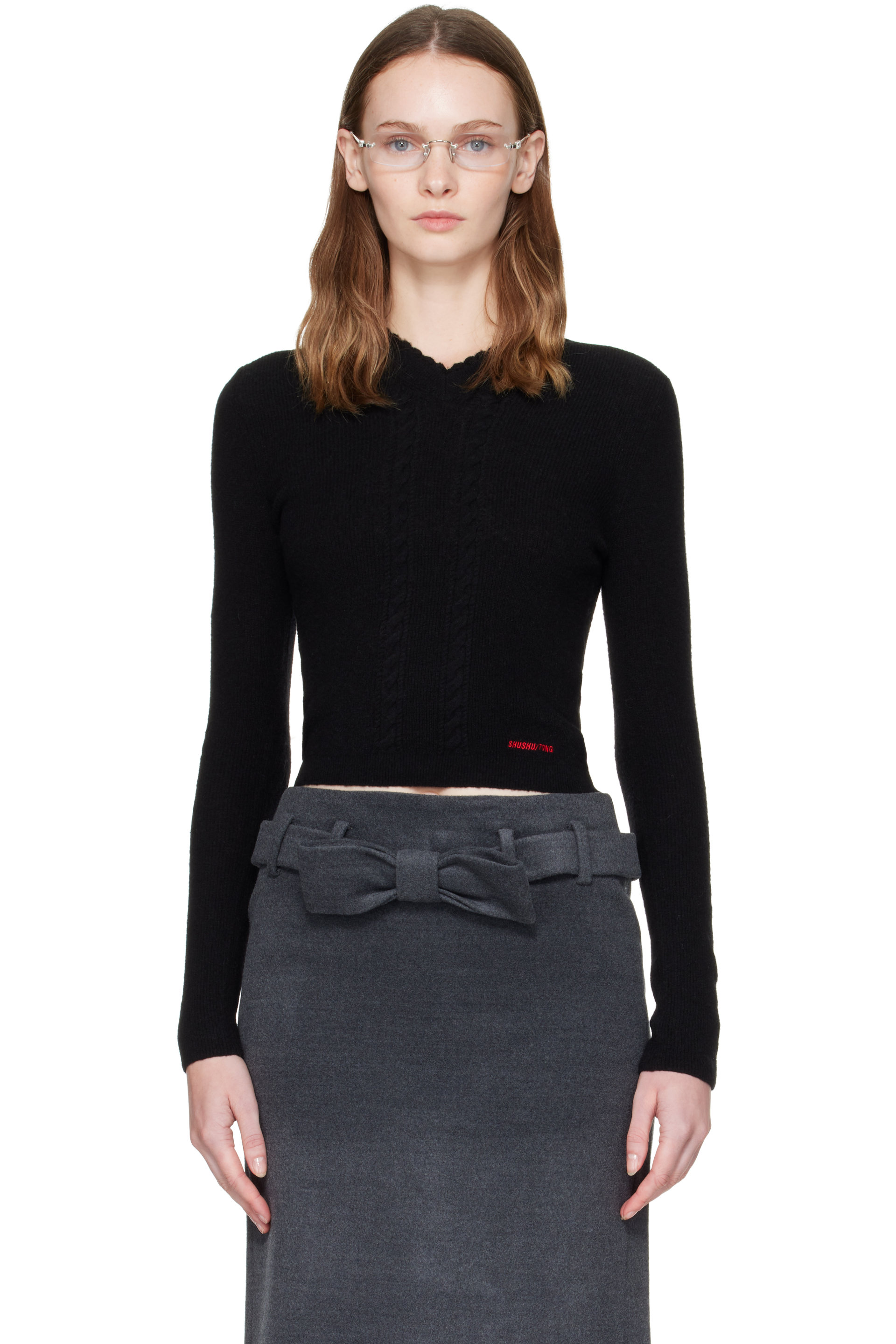 SHUSHU/TONG - Black Lace-Trimmed V-Neck Knit Sweater
