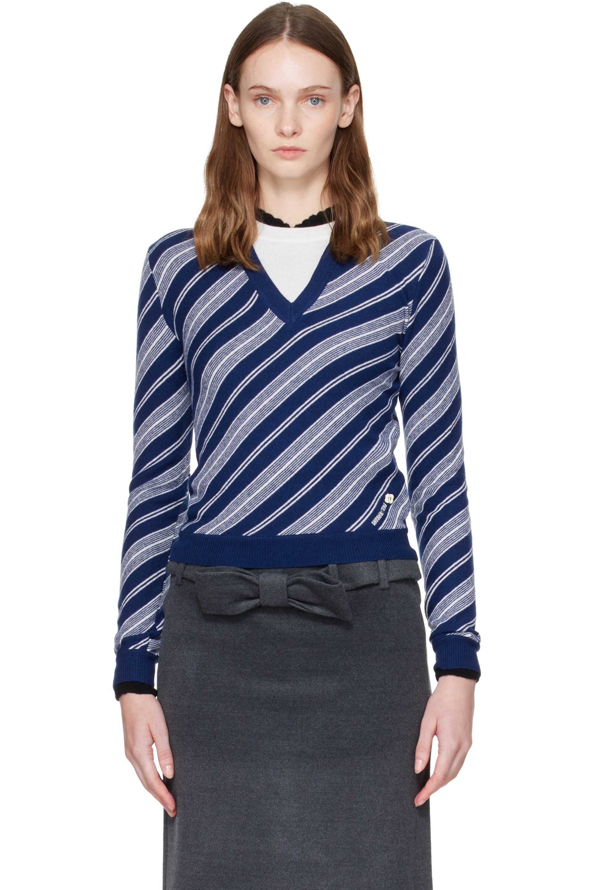 SHUSHU/TONG - Blue & White V-Neck Fitted Twill Knit Sweater