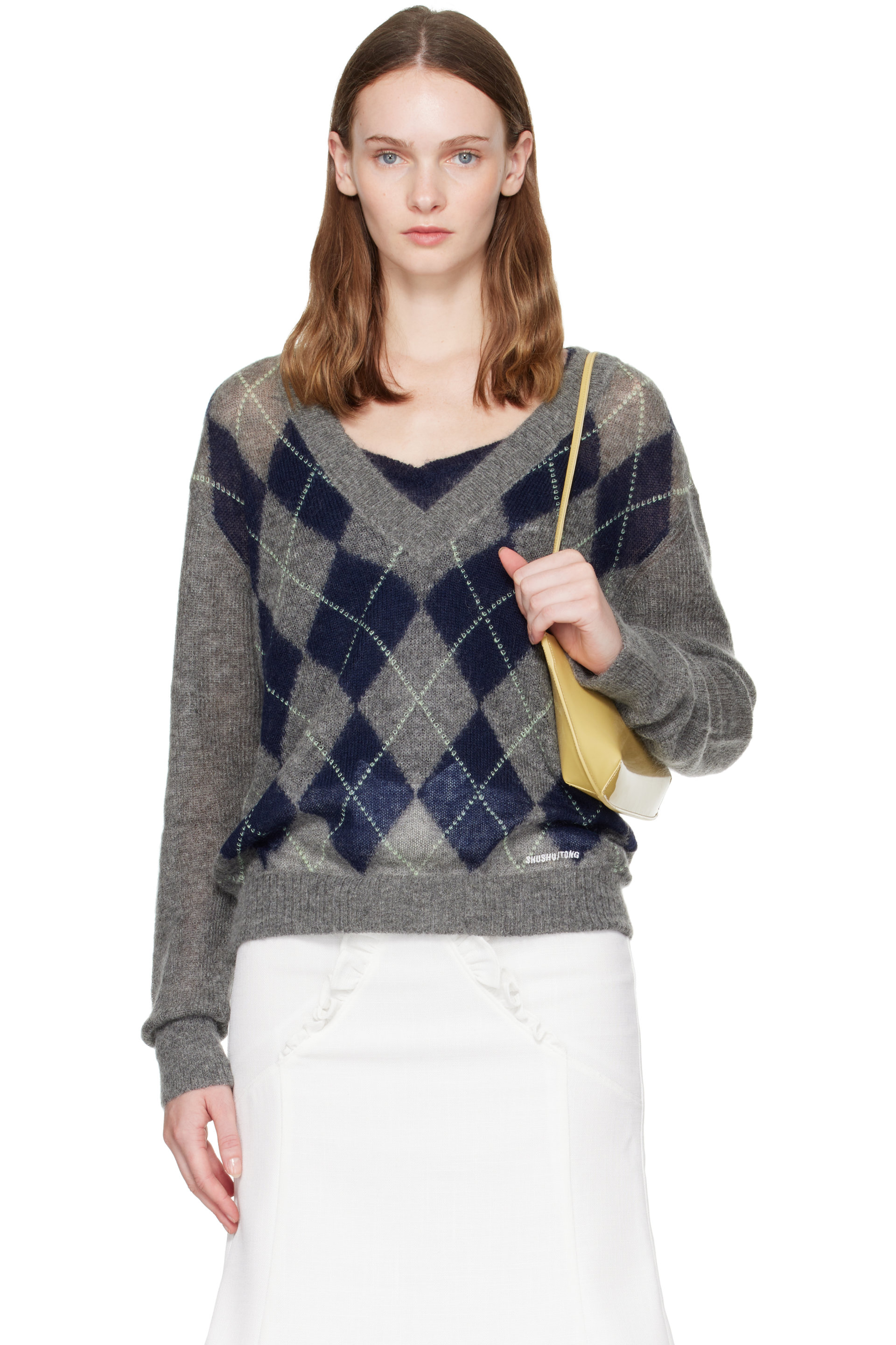 SHUSHU/TONG - Gray Argyle V-Neck Sweater