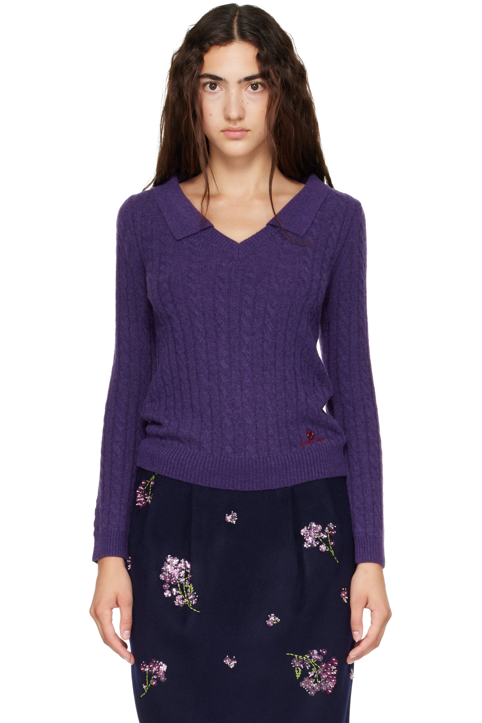 SHUSHU/TONG - 紫色 V-Neck Cable Knit 毛衣