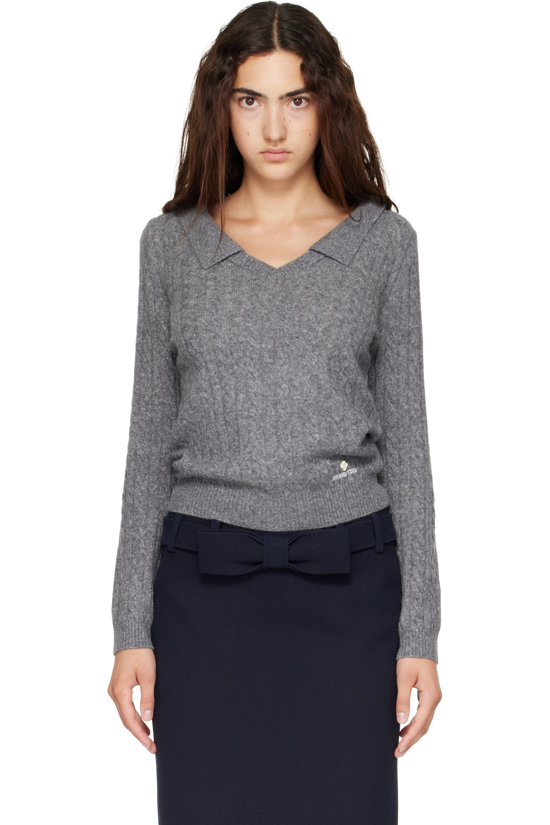SHUSHU/TONG - 灰色 V-Neck Cable Knit 毛衣
