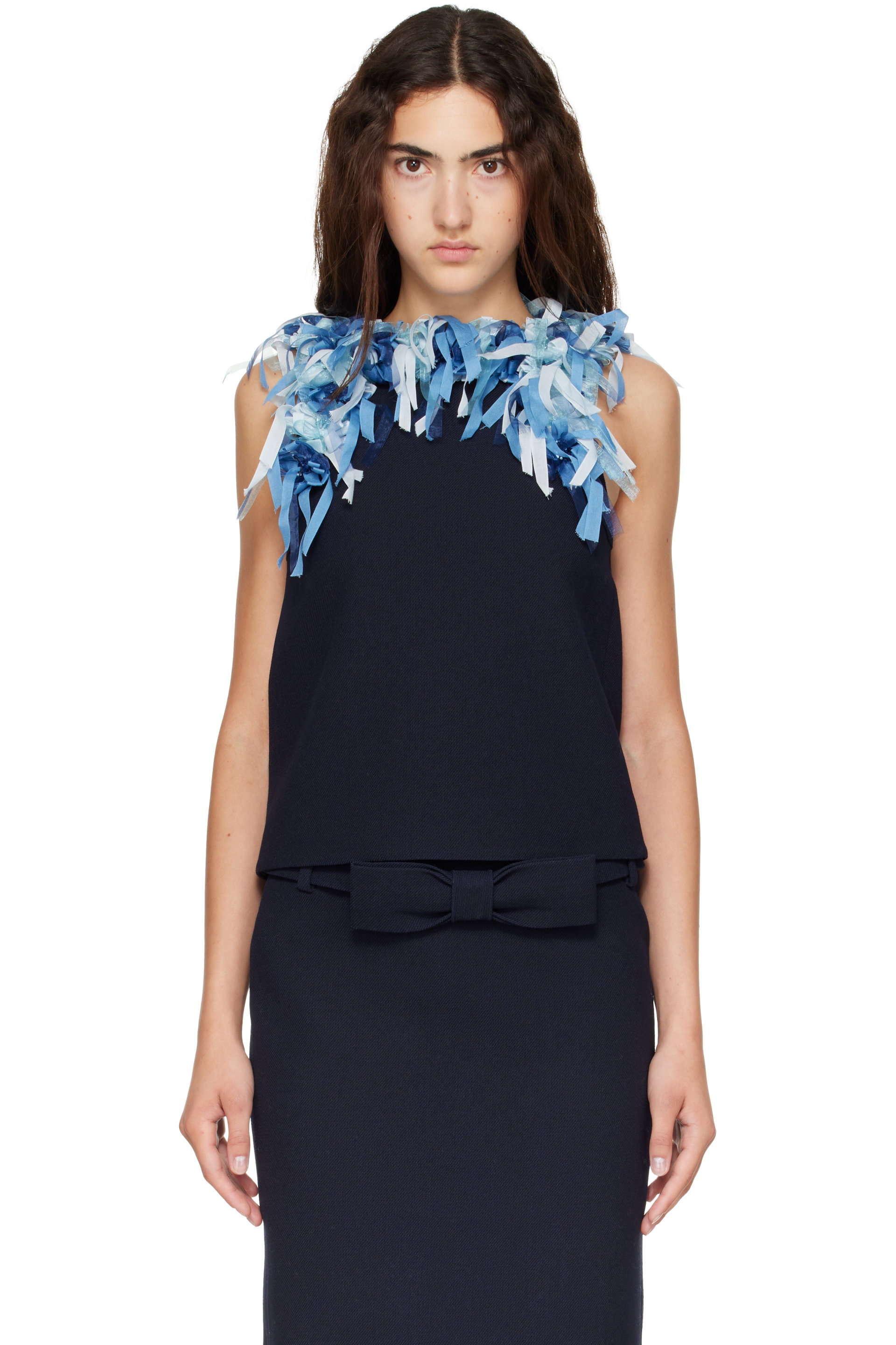 SHUSHU/TONG - Navy Beaded Floral Sleeveless Top