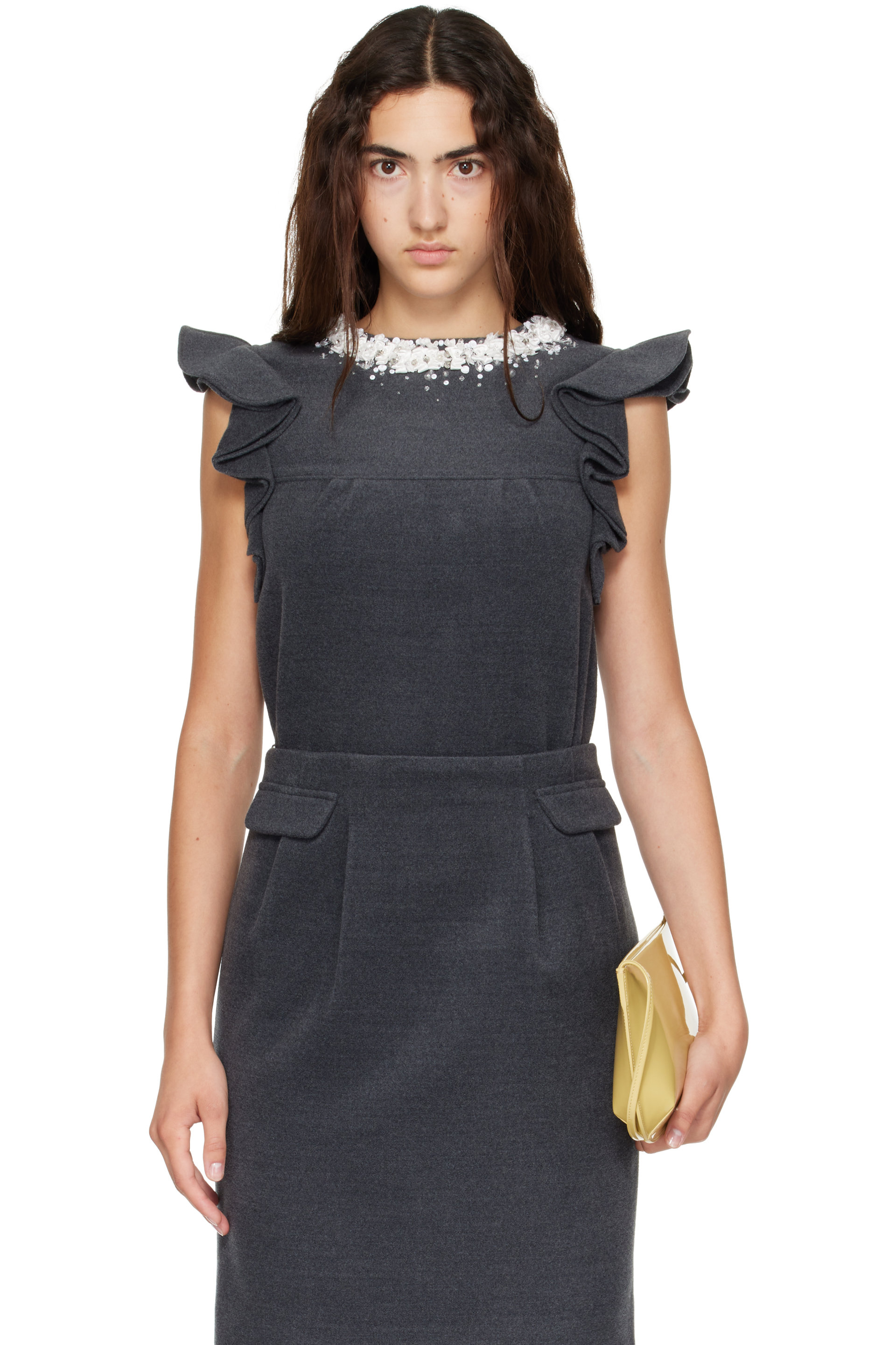SHUSHU/TONG - Gray Lace Collar Cap Sleeve Top