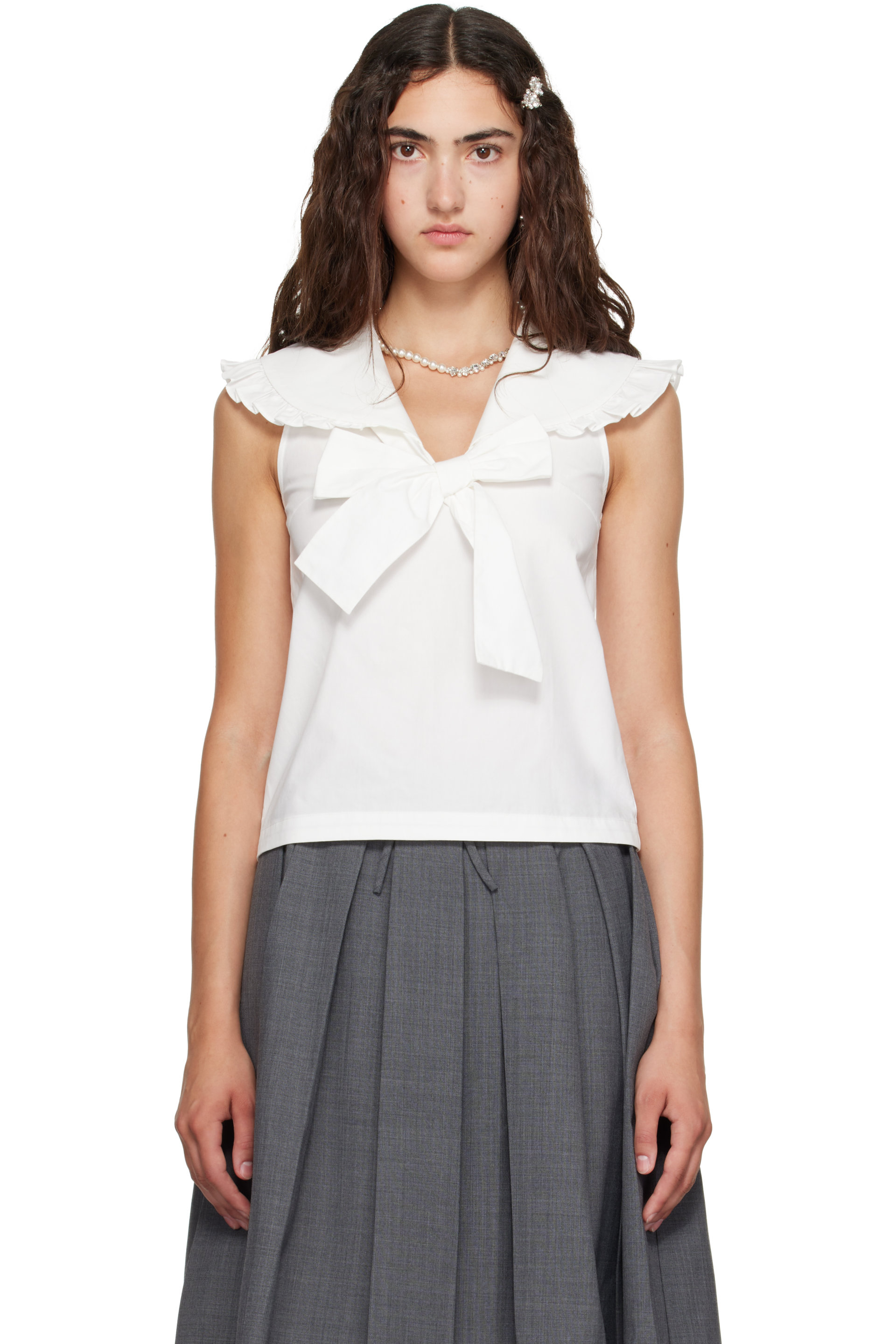 SHUSHU/TONG - White Lace-Trimmed Shawl Collar Bow Blouse