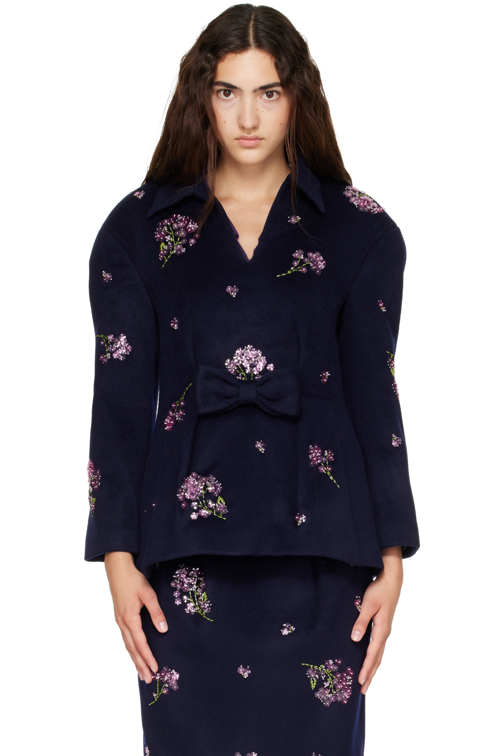 SHUSHU/TONG - Navy Bow-Front Cinched Waist Top