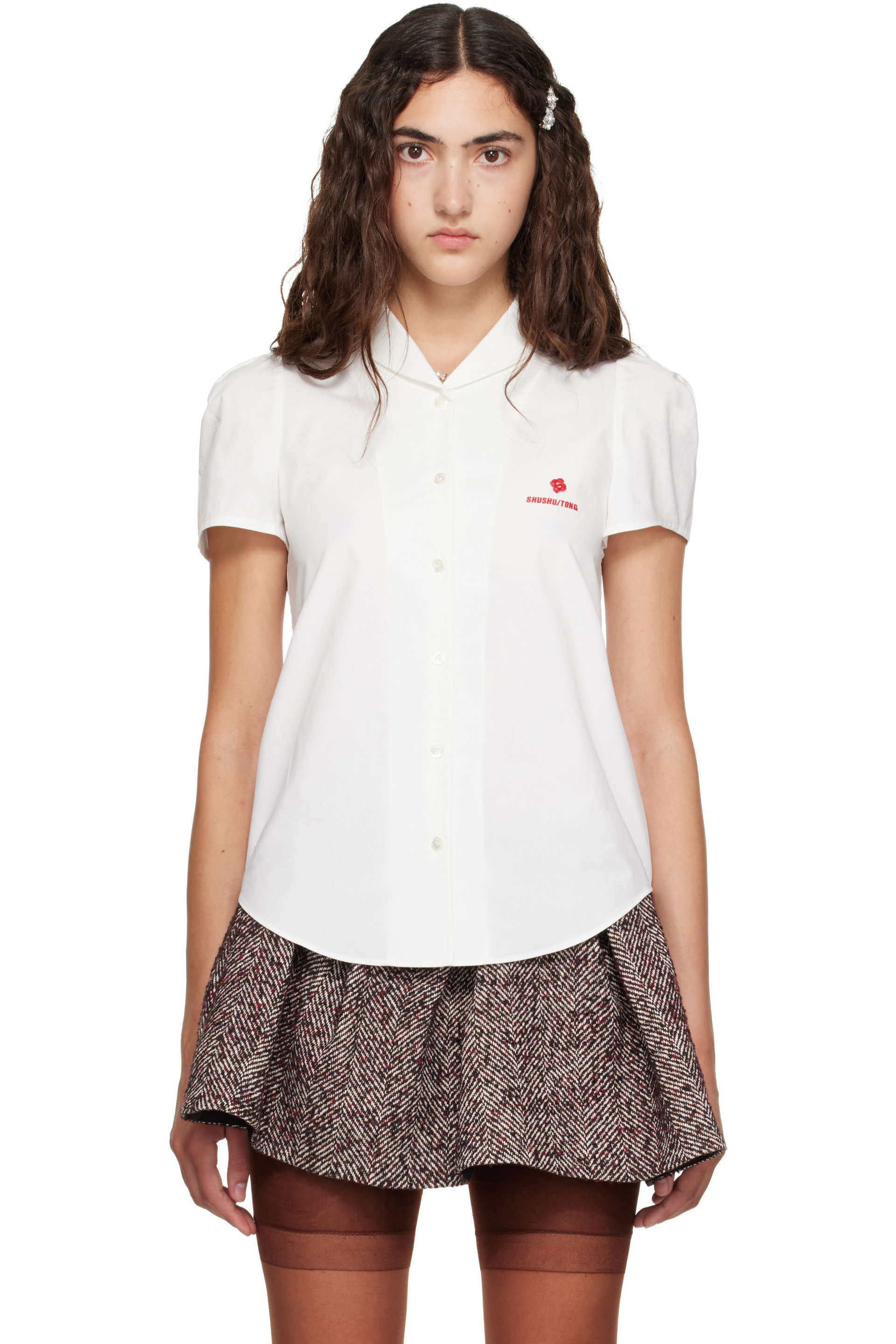 SHUSHU/TONG - White Round Narrow Collar Short Sleeve Shirt