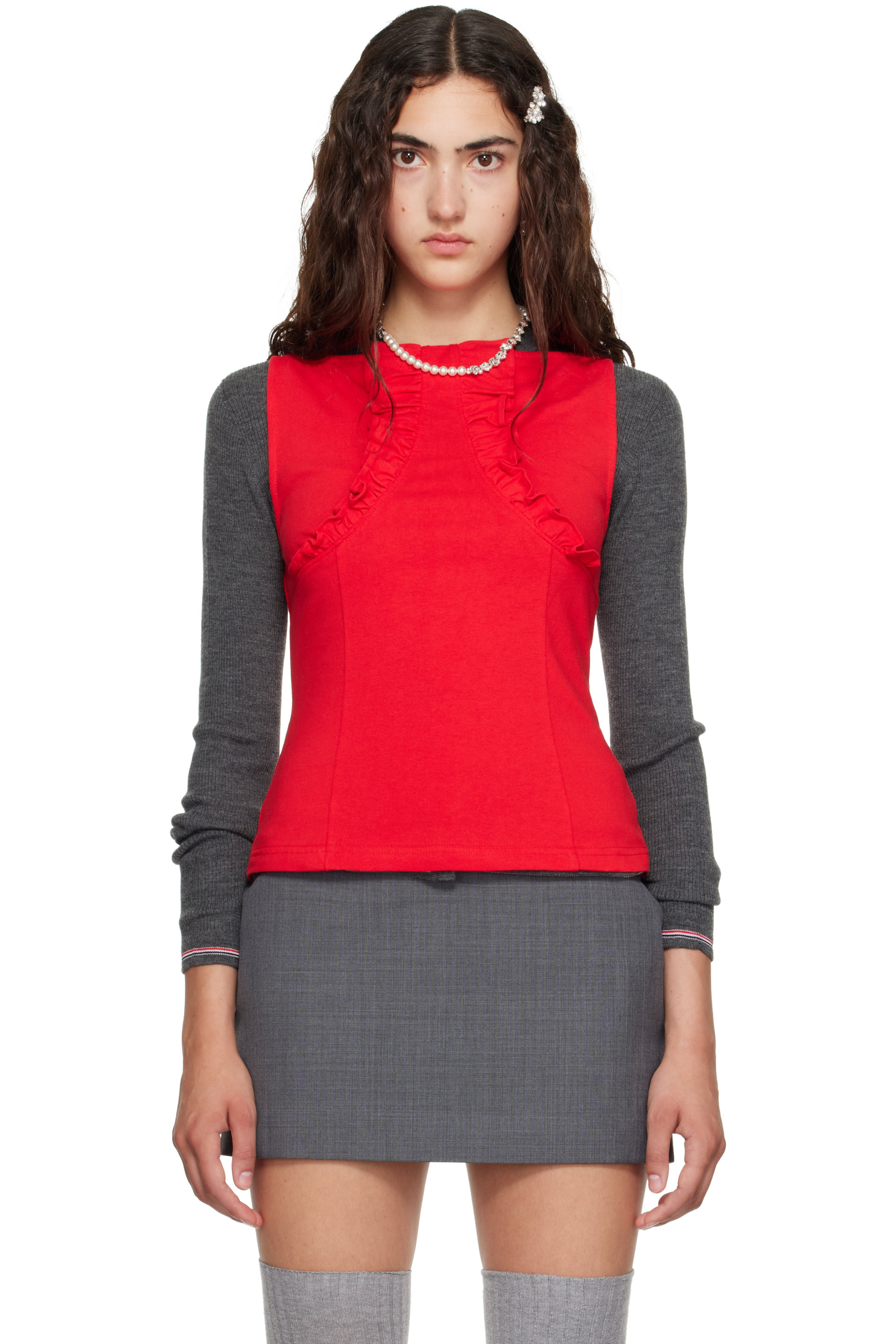 SHUSHU/TONG - Red Lace Trim Sleeveless Fitted Top