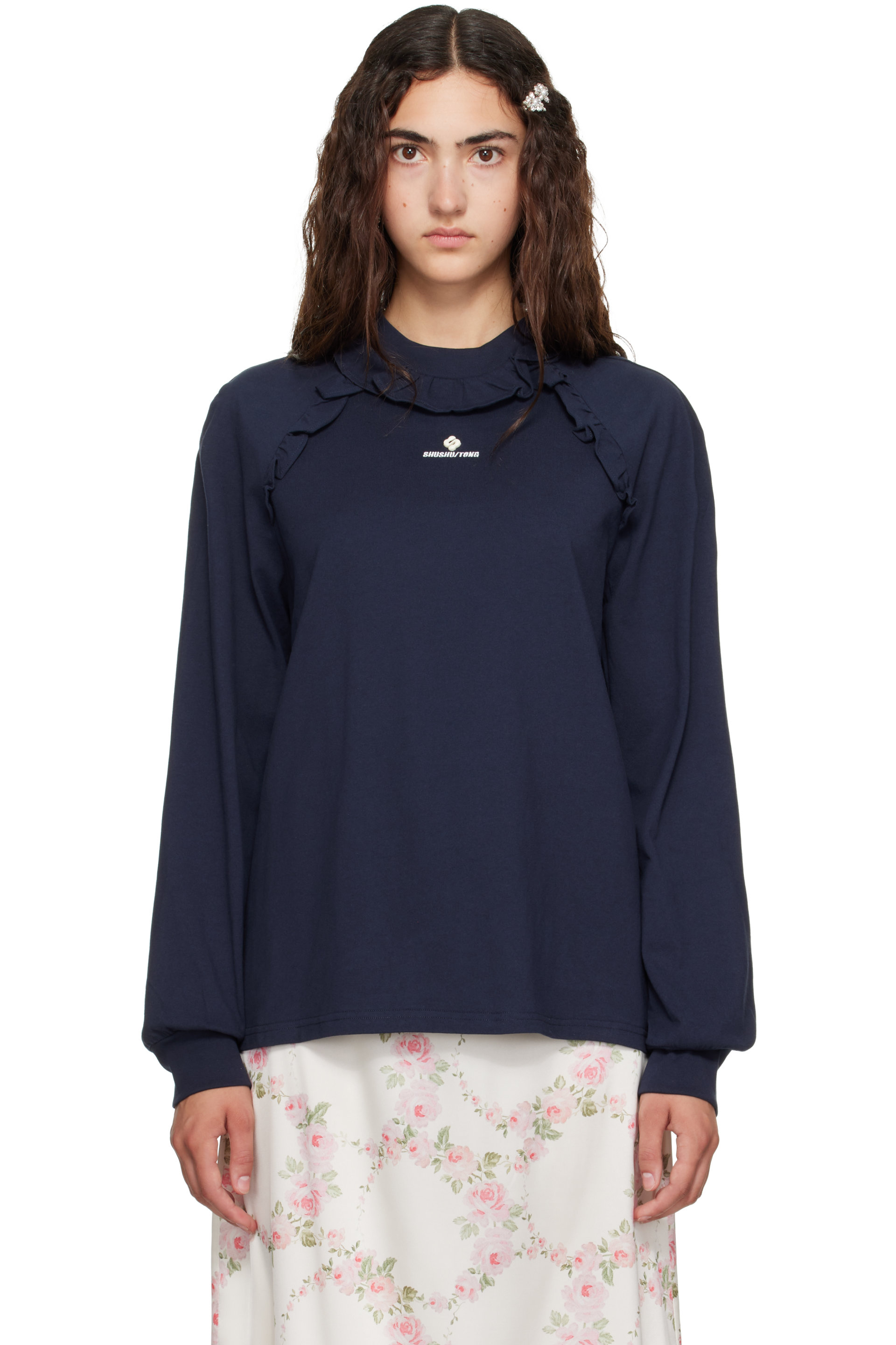 SHUSHU/TONG - Navy Lace Trim Long Sleeve T-shirt