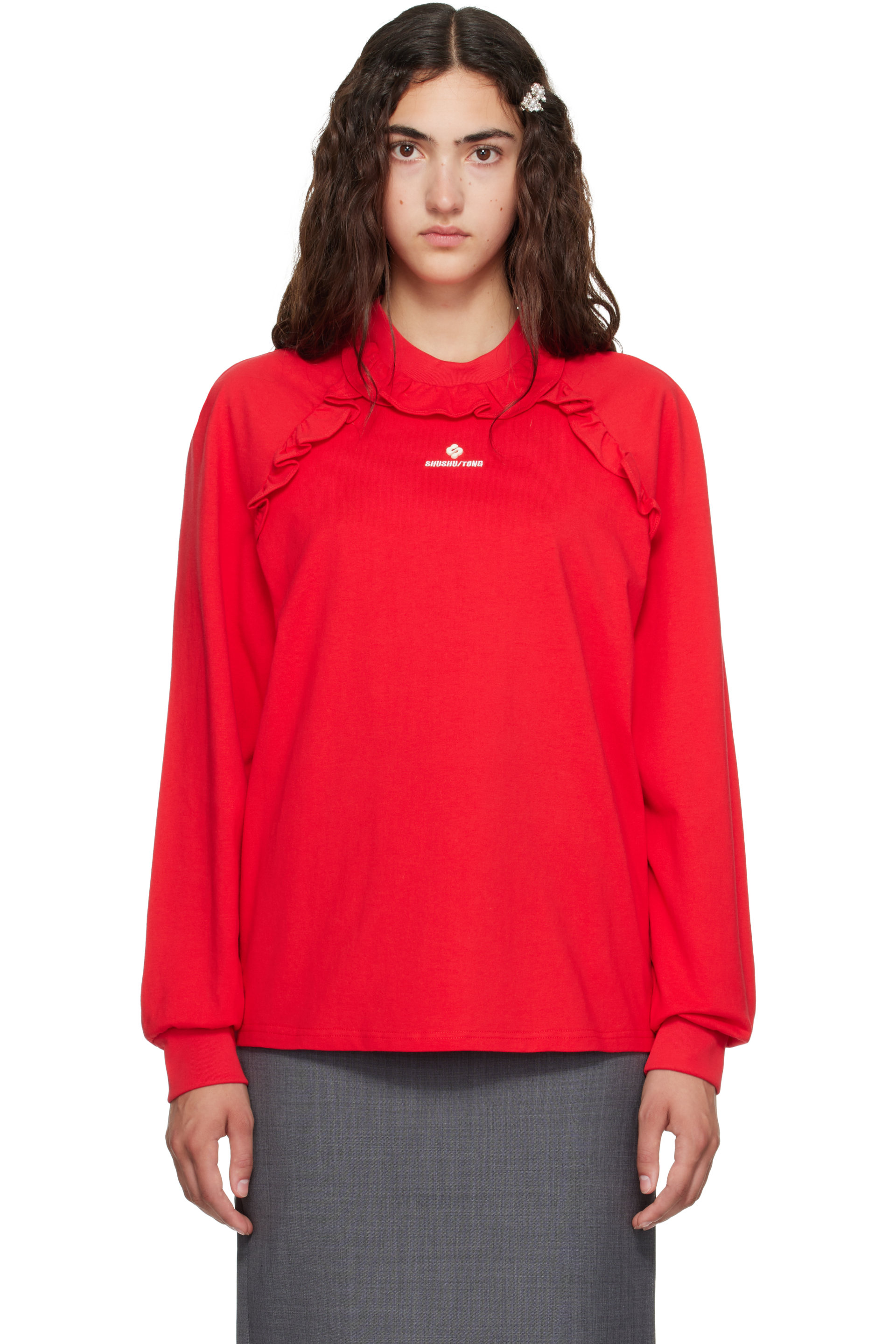 SHUSHU/TONG - Red Lace Trim Long Sleeve T-shirt