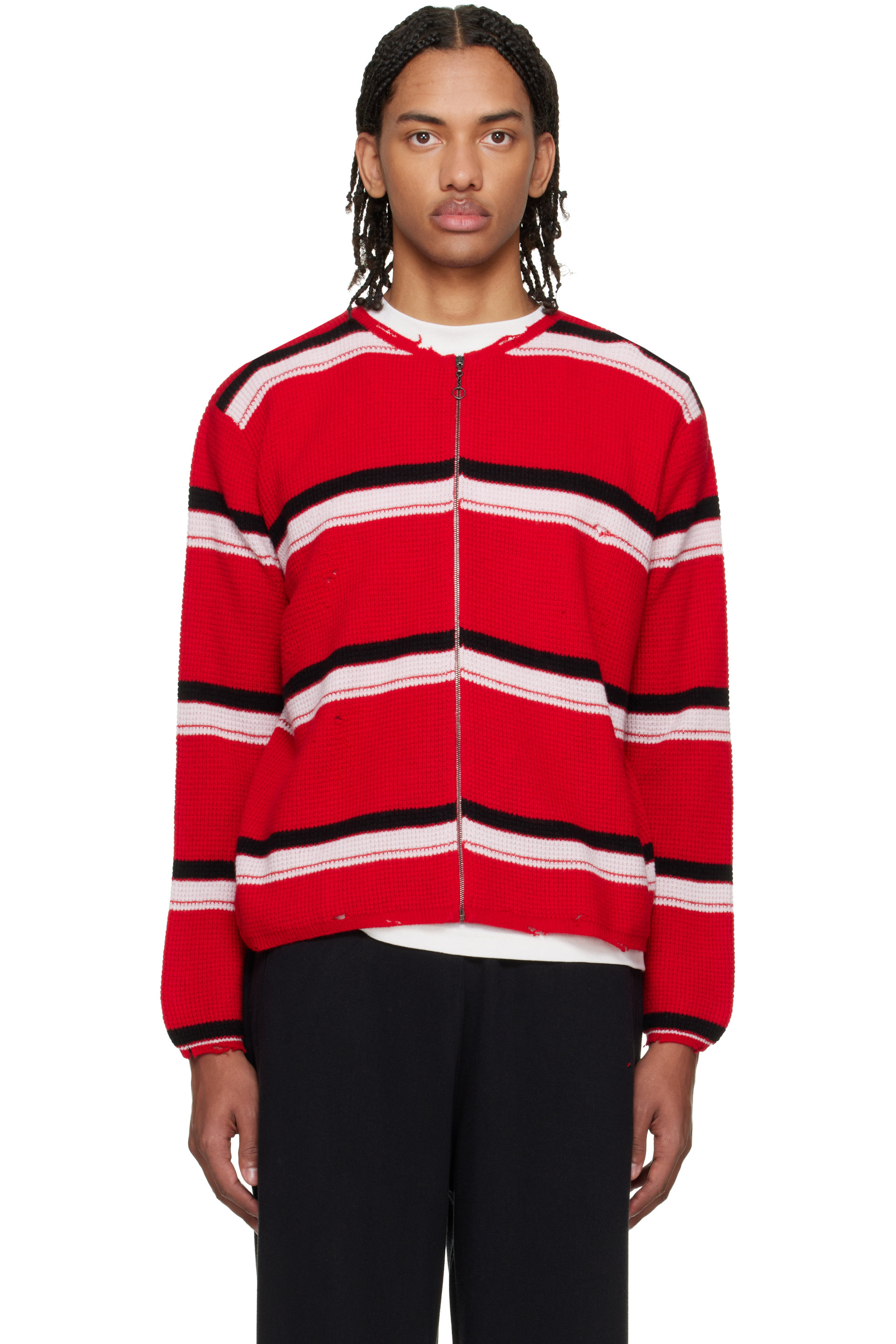 Second/Layer - Red Friends Zip Up Waffle Knit Sweater