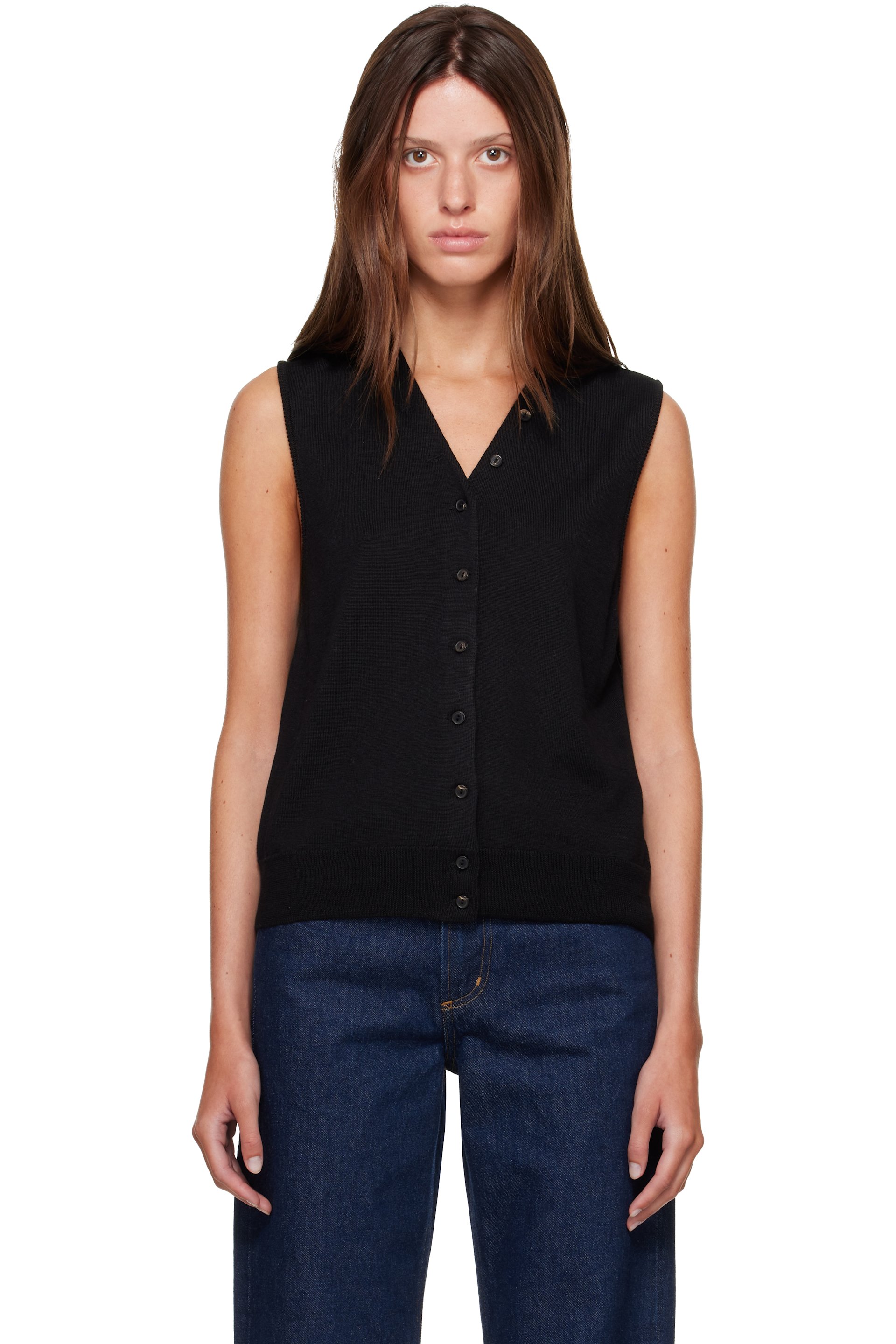 Cordera - Black Merino Wool Button Waistcoat Cardigan
