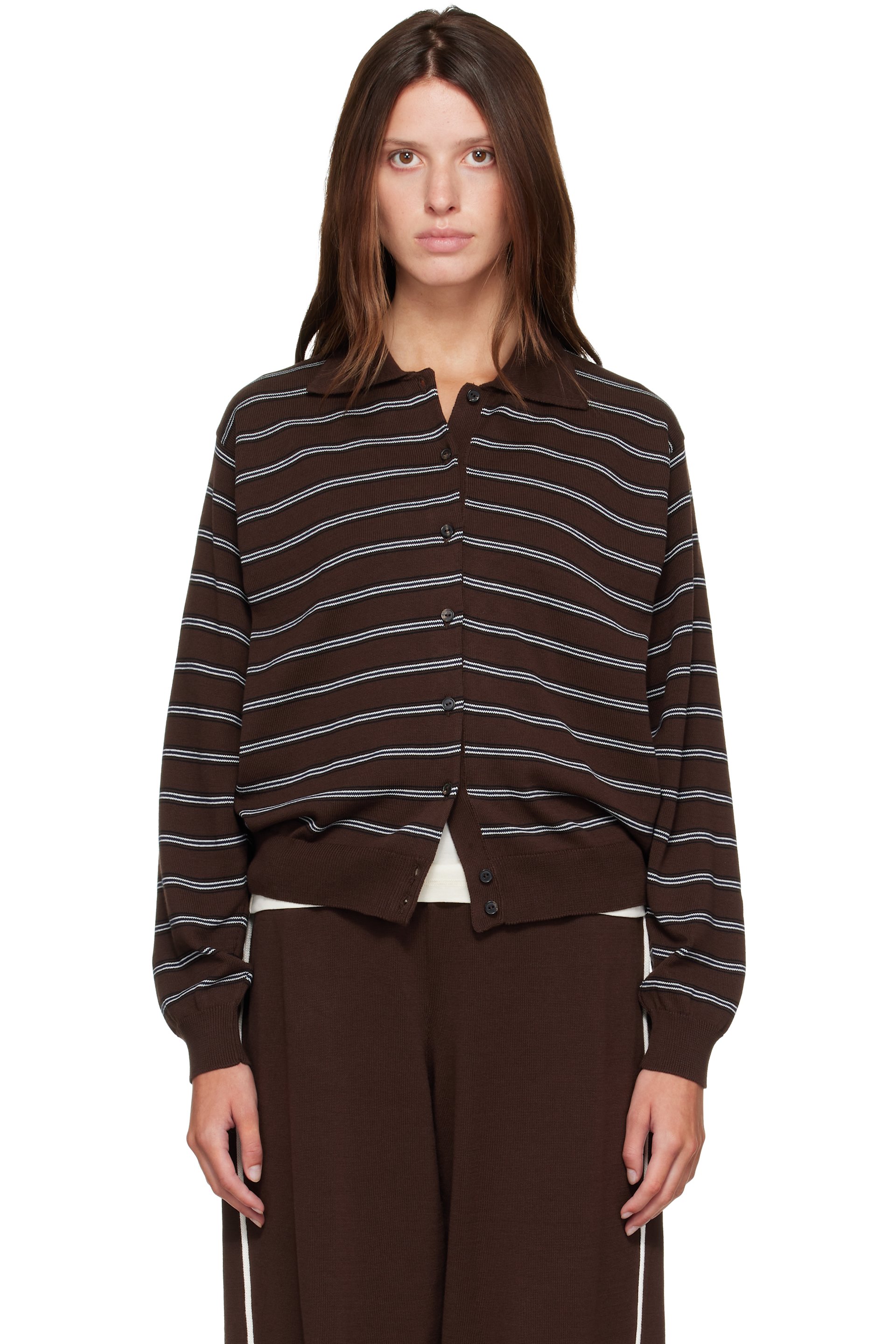 Cordera - Brown Organic Cotton Striped Polo Cardigan
