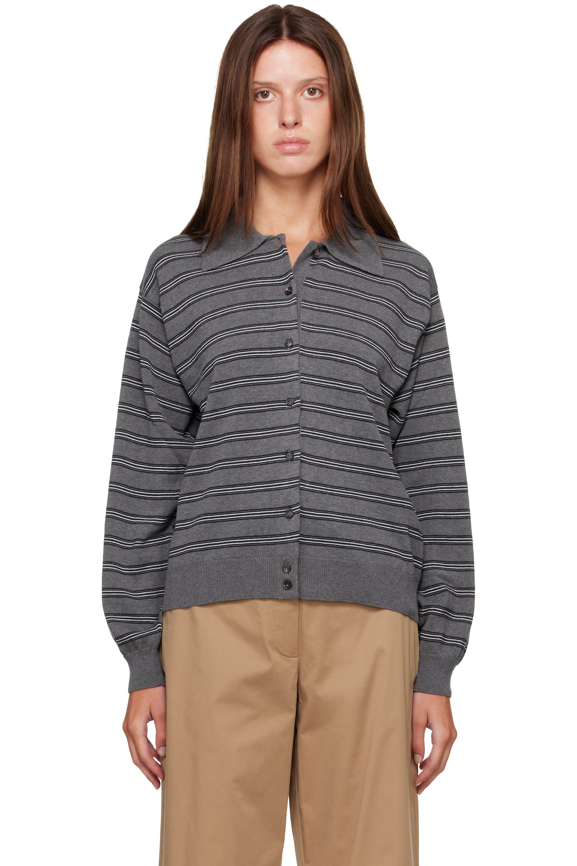 Cordera - 灰色 Organic Cotton Striped Polo 开衫