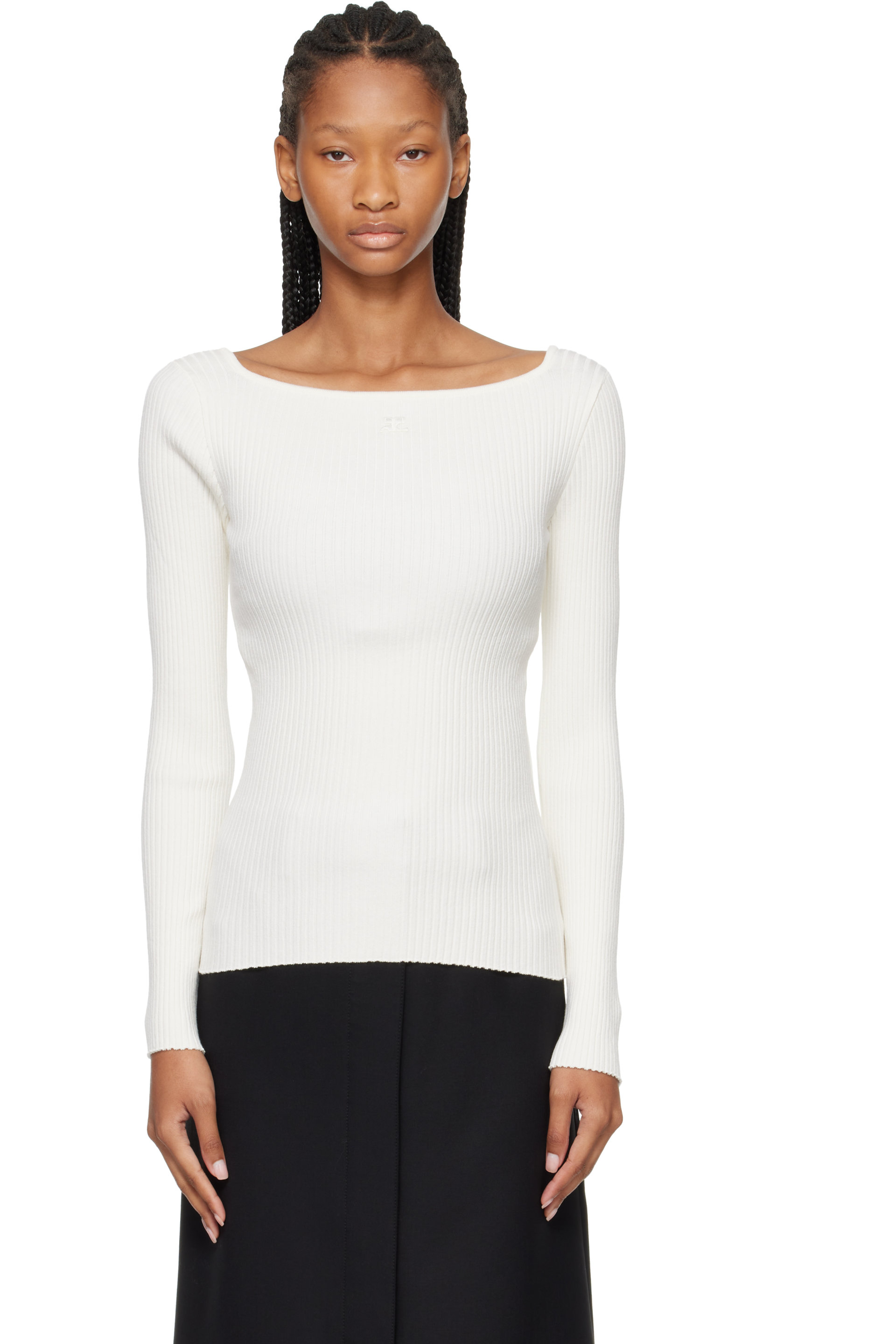 Courrèges - Pull blanc en tricot côtelé à encolure carrée