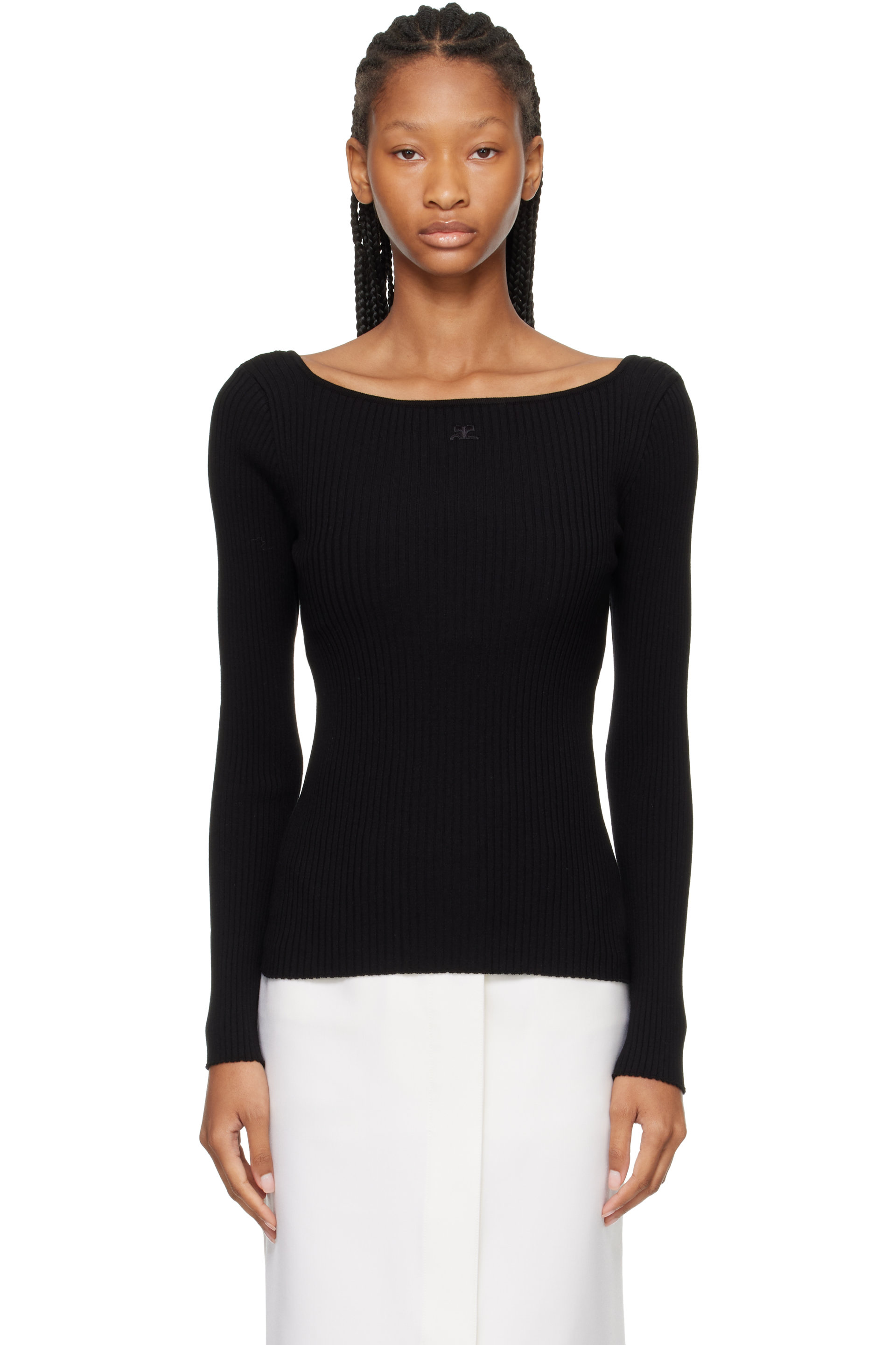 Courrèges - Pull noir en tricot côtelé à encolure carrée
