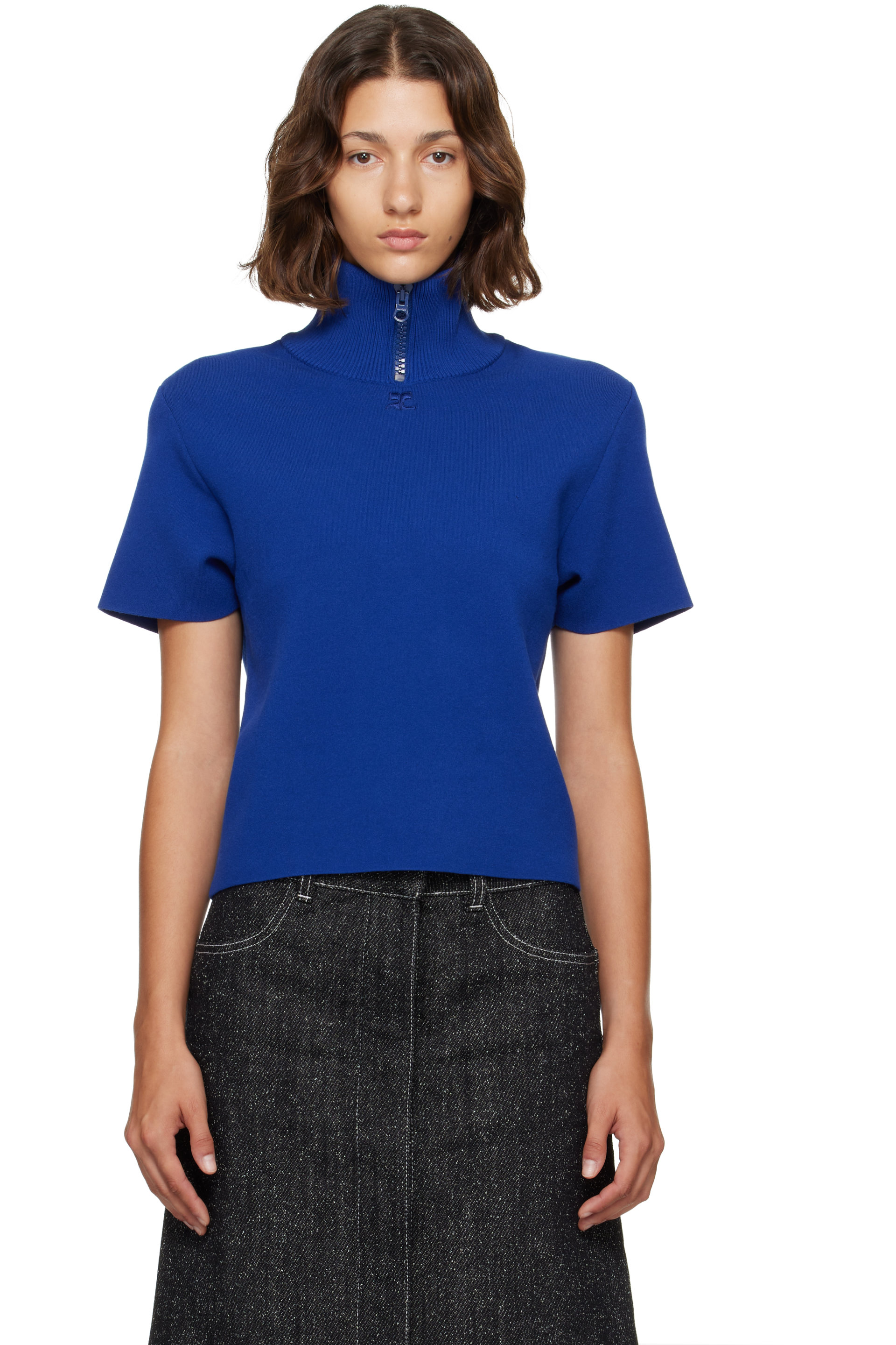 Courrèges - Navy Ribbed Collar Milano Knit Top