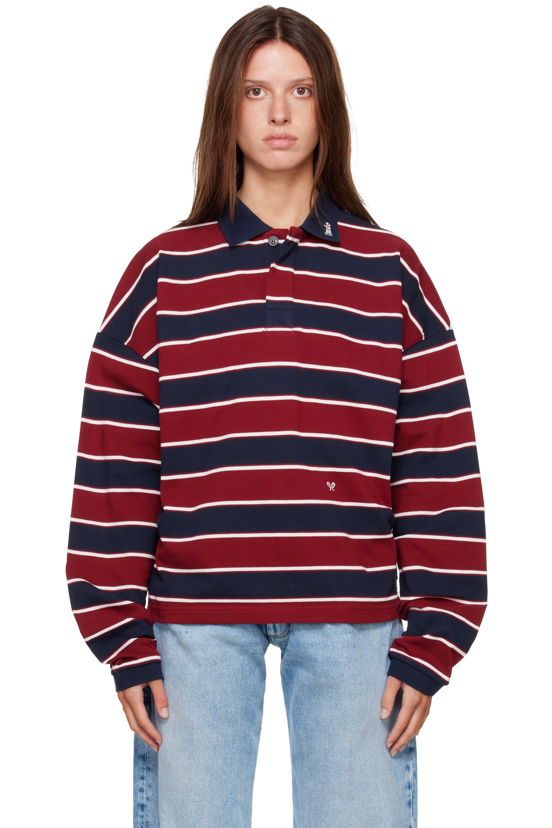 Rhude - 酒红色 & 海军蓝 Fontaine Striped 长袖 Polo 衫