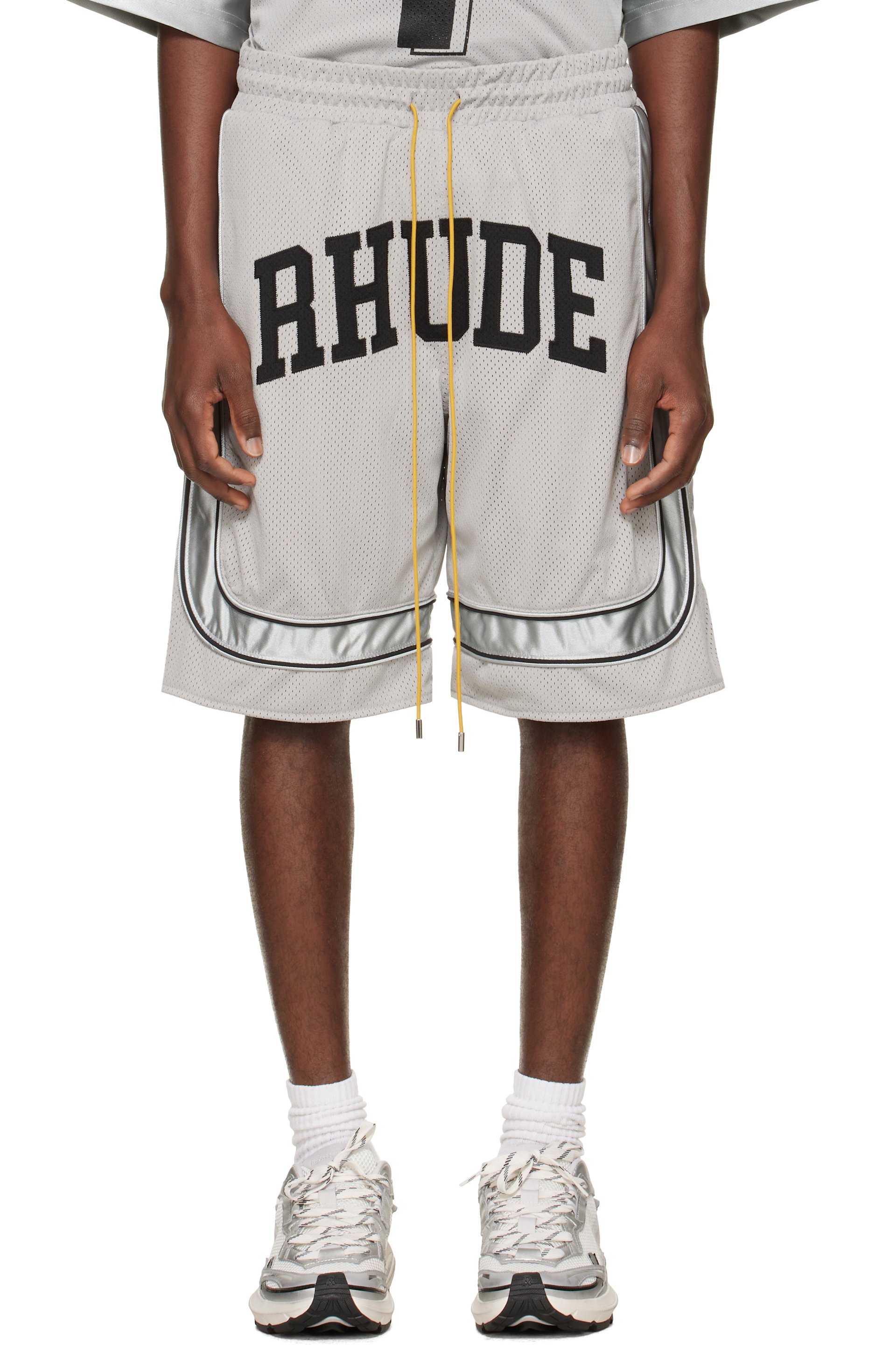 Rhude - Gray Baggy Mesh Collegiate Logo Shorts
