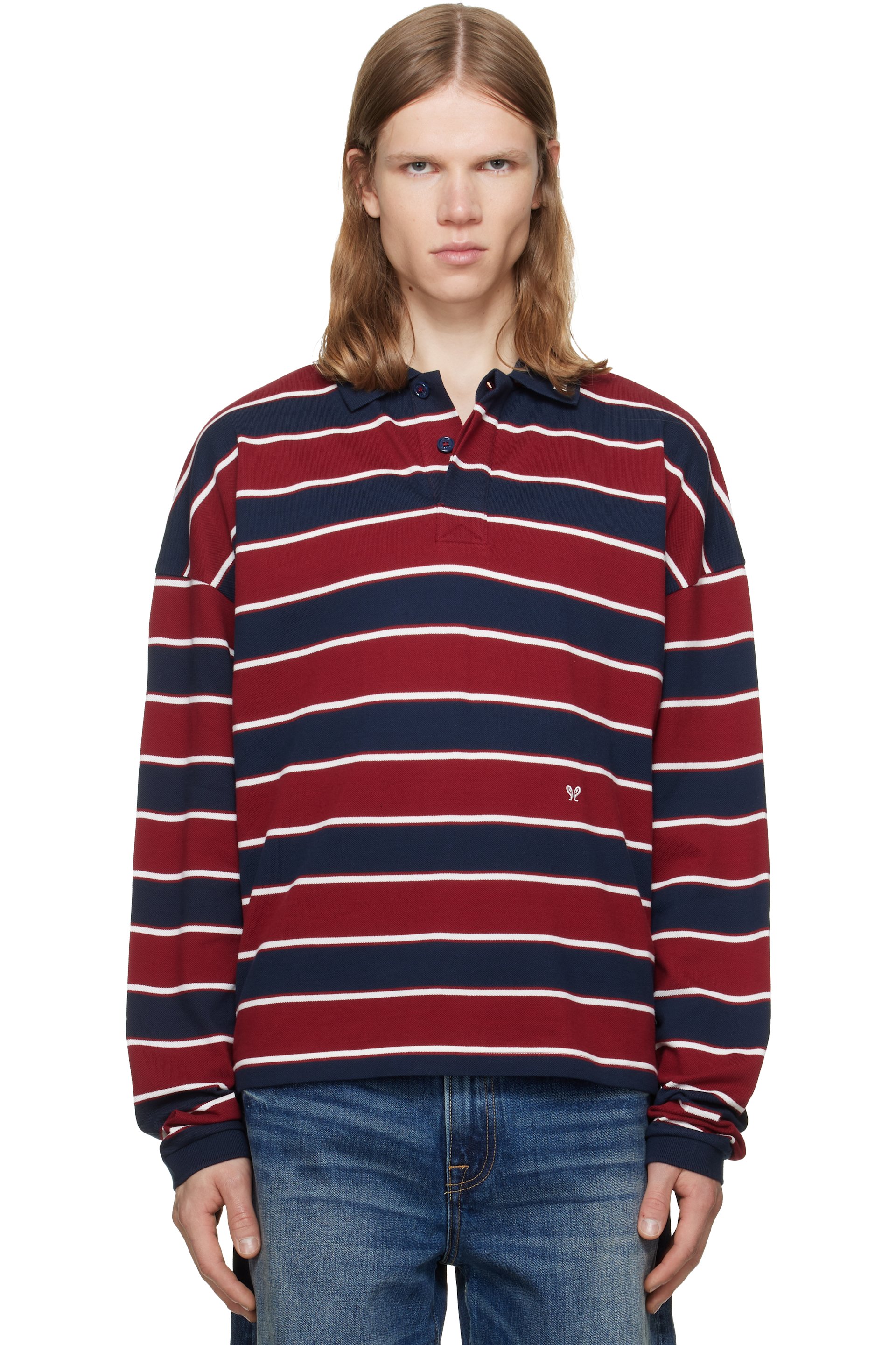 Rhude - Red & Navy Fontaine Striped Long Sleeve Polo