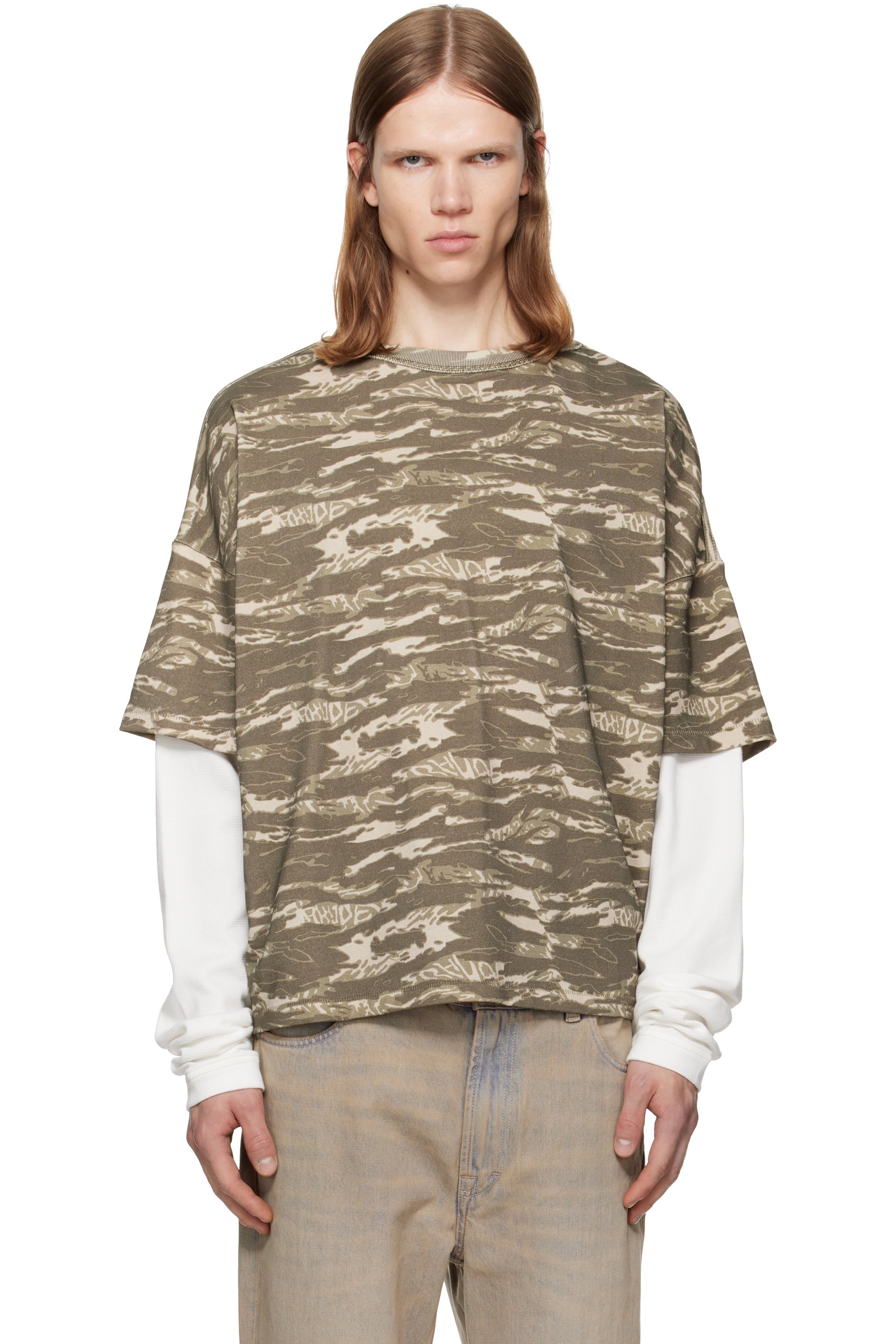 Rhude - Khaki & White 'Rhude' Tiger Camo Double-Layered T-shirt