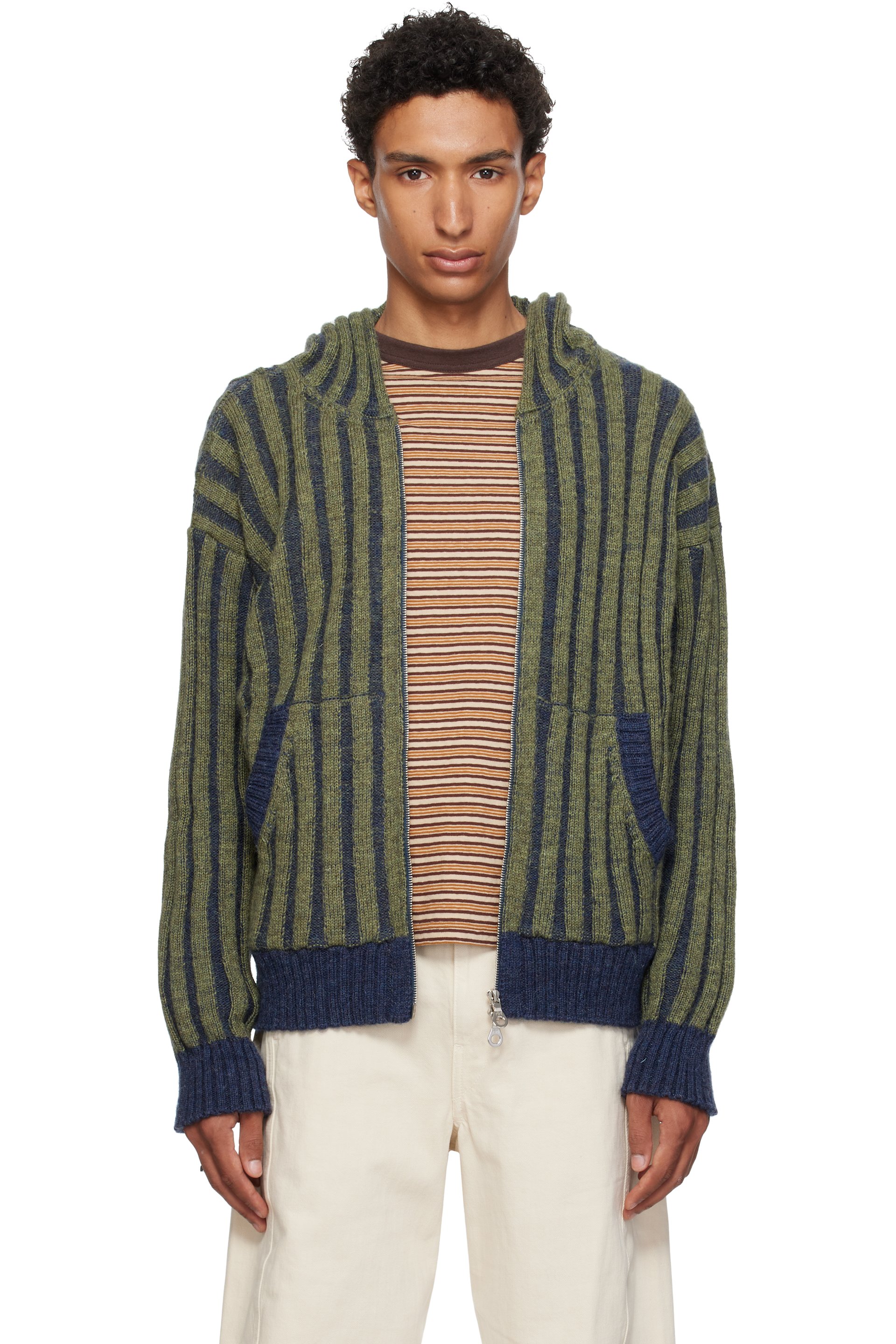 Cawley - Green & Navy Ribbed Zip-Up Hoodie