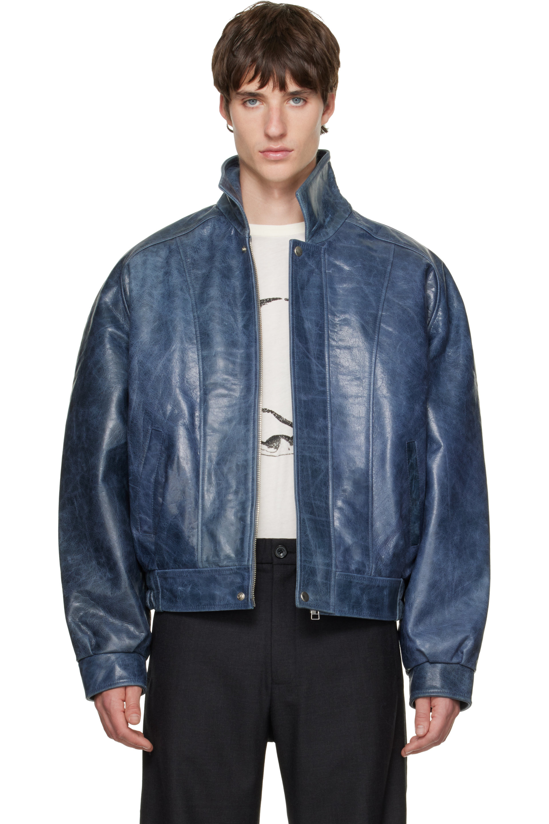 BLUEMARBLE - Blouson bleu en cuir à épaules incurvées