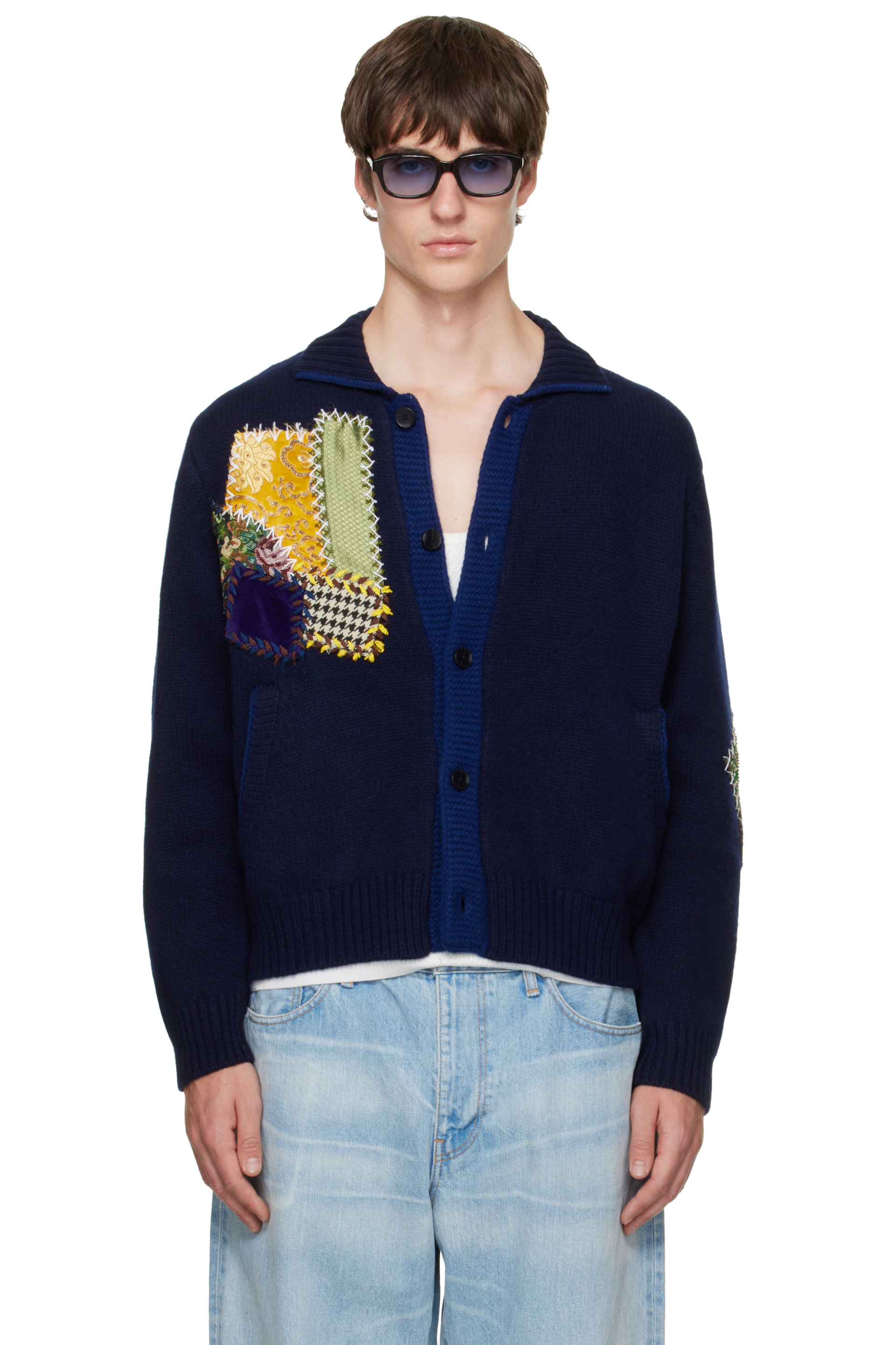 BLUEMARBLE - Navy Embroidered Patchwork Knitted Cardigan