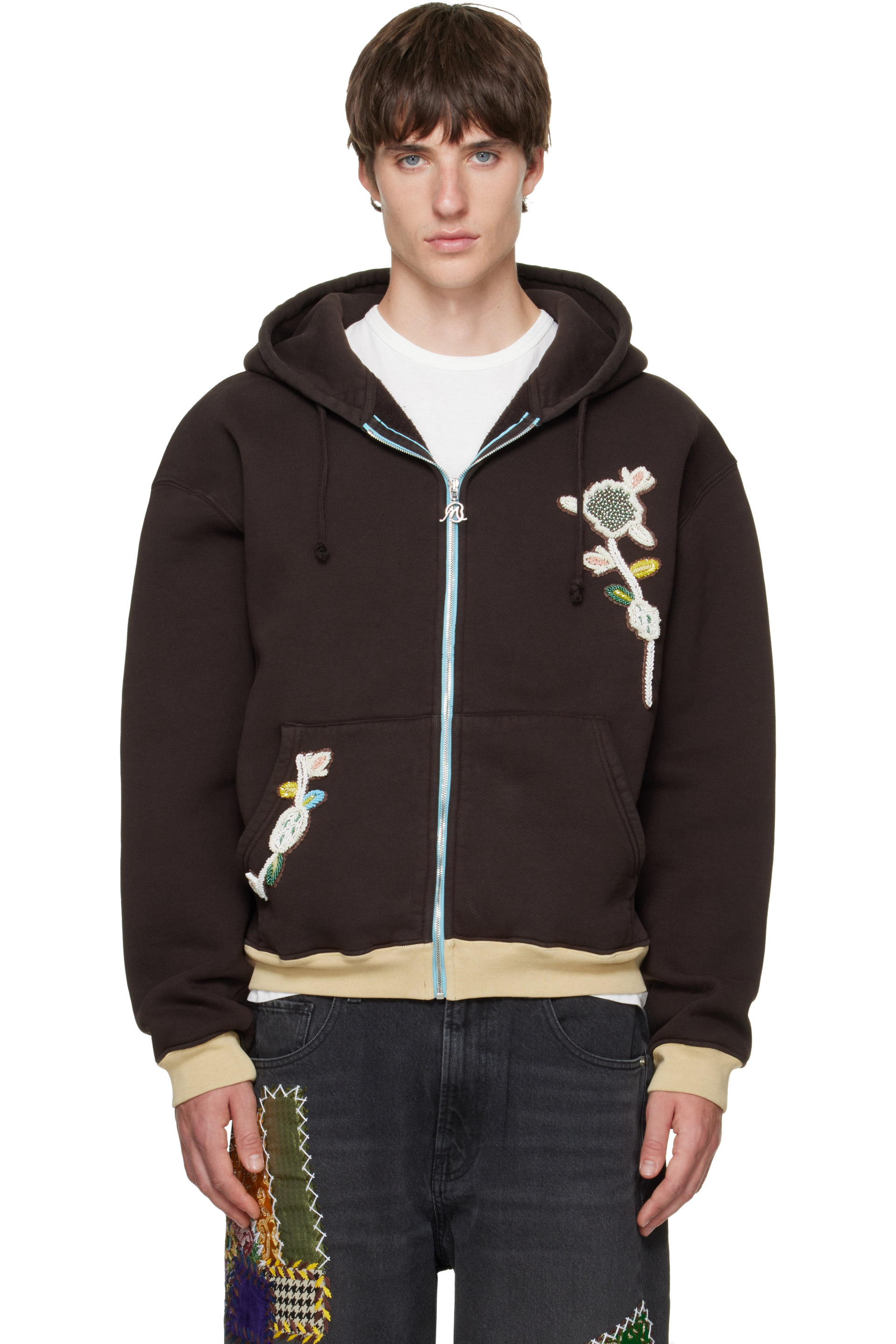 BLUEMARBLE - Pull à capuche brun à appliqués floraux brodés à la main et à glissière