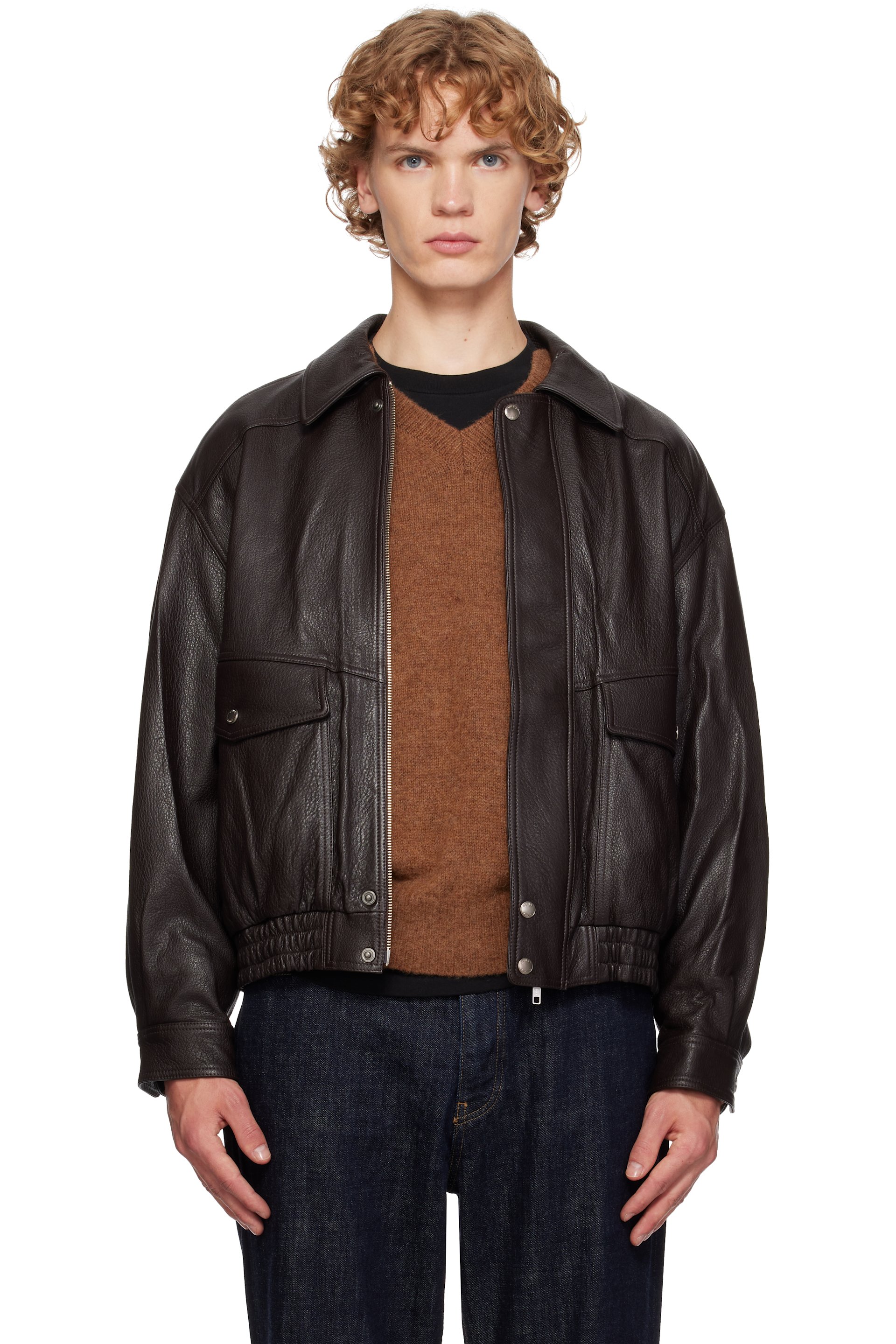 Dunst - Blouson rétro surdimensionné brun en cuir