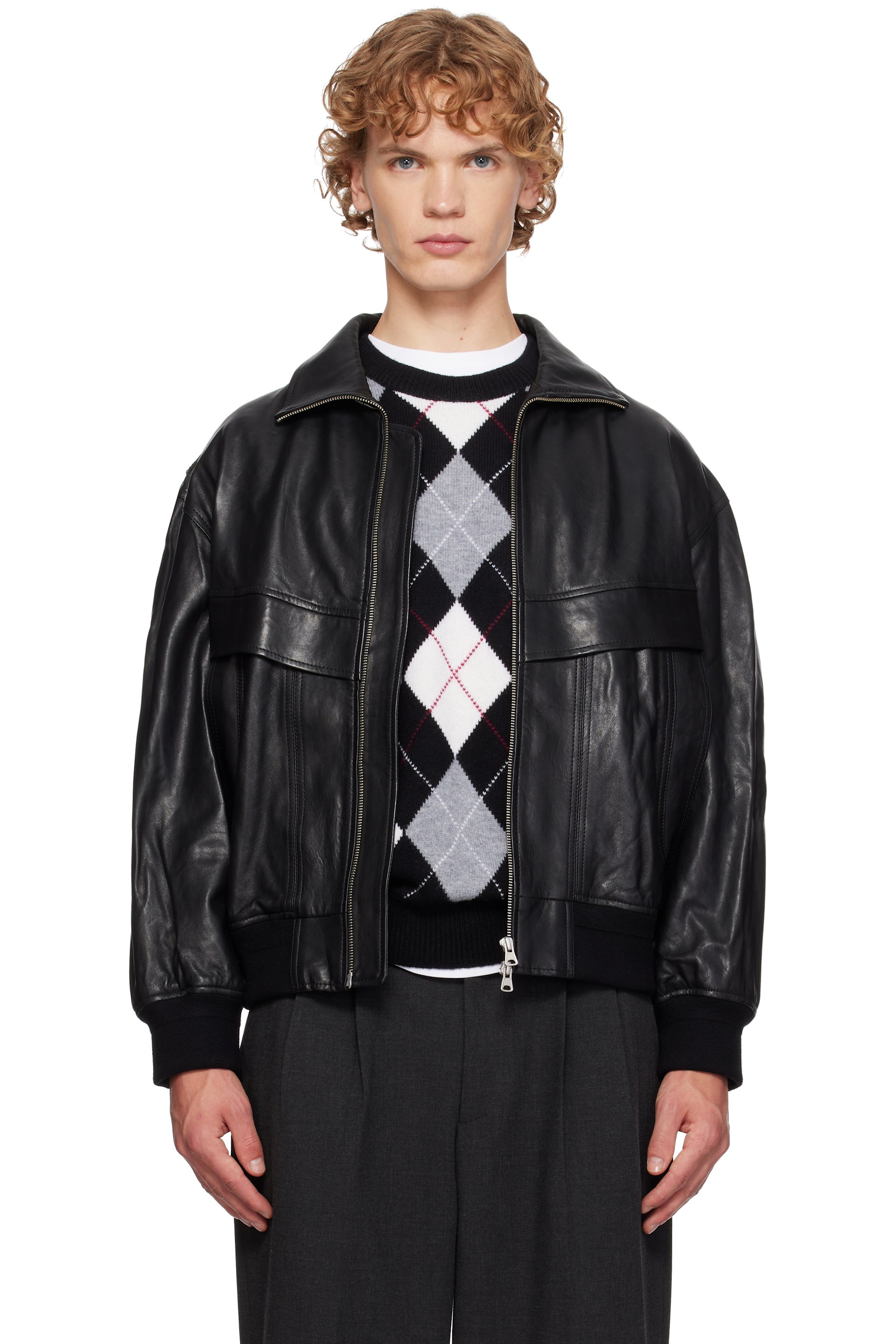Dunst - Blouson noir en cuir à col droit