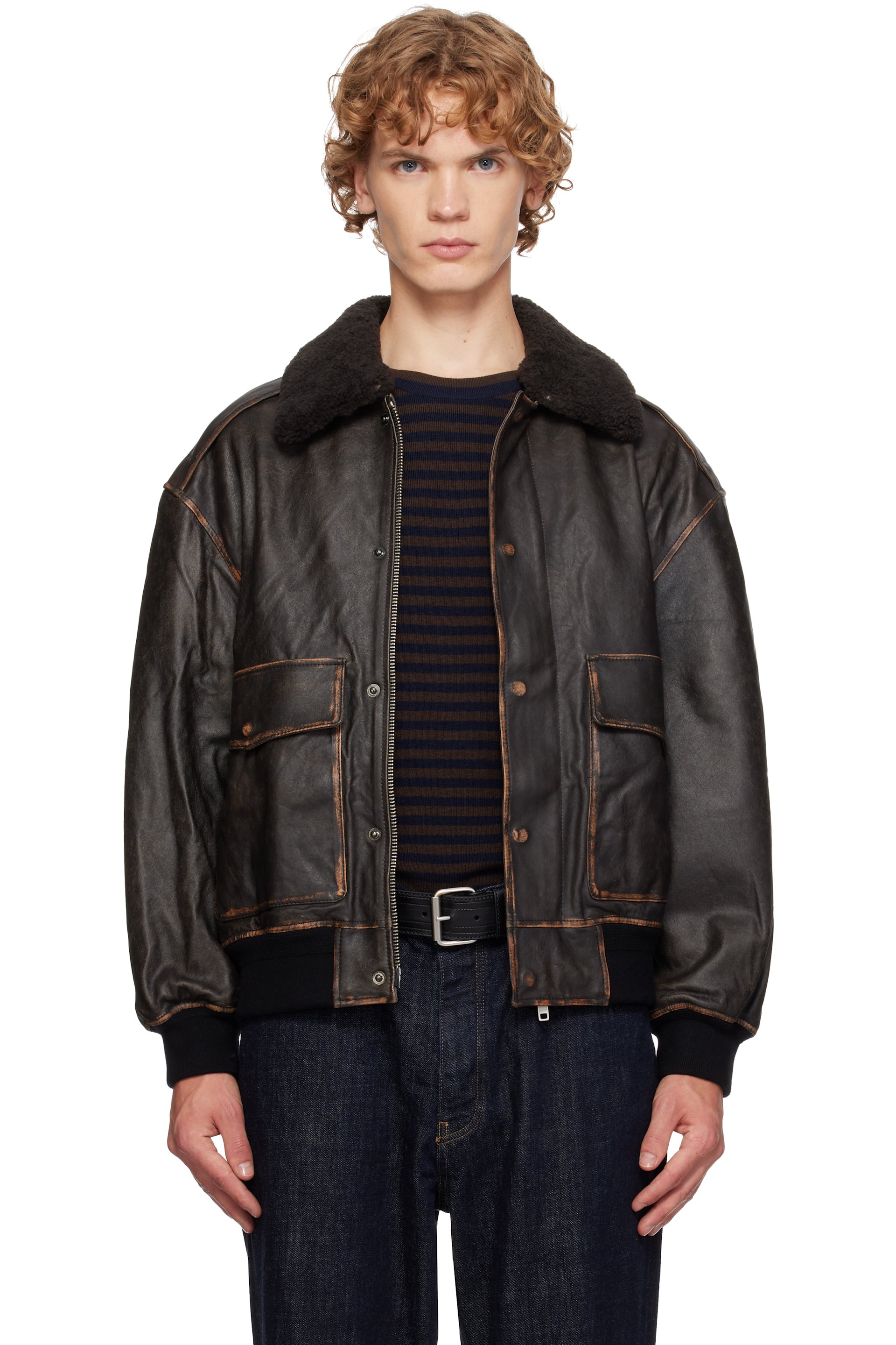 Dunst - Blouson A-2 noir en cuir à garniture amovible