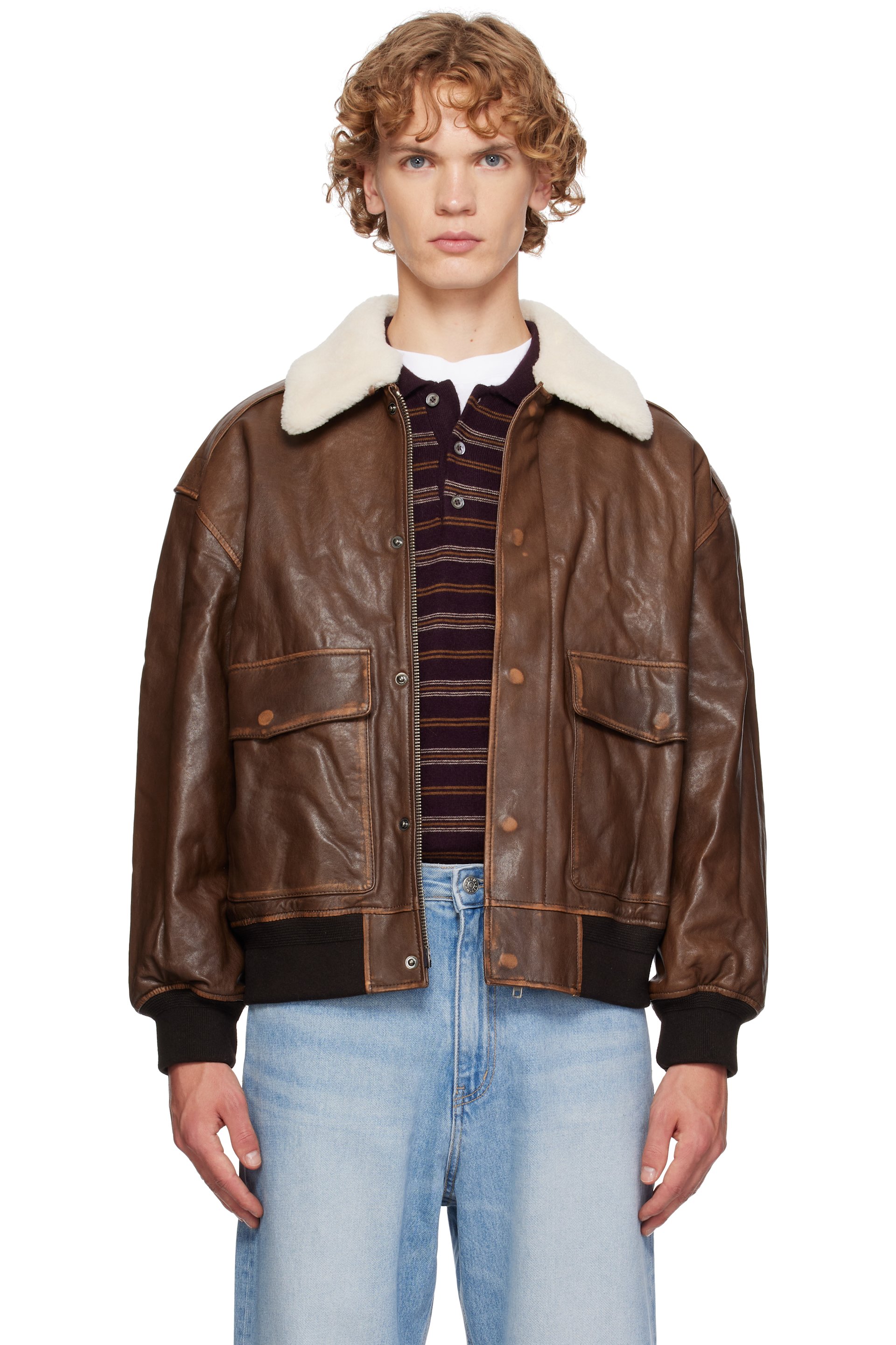 Dunst - Blouson A-2 brun en cuir à garniture amovible