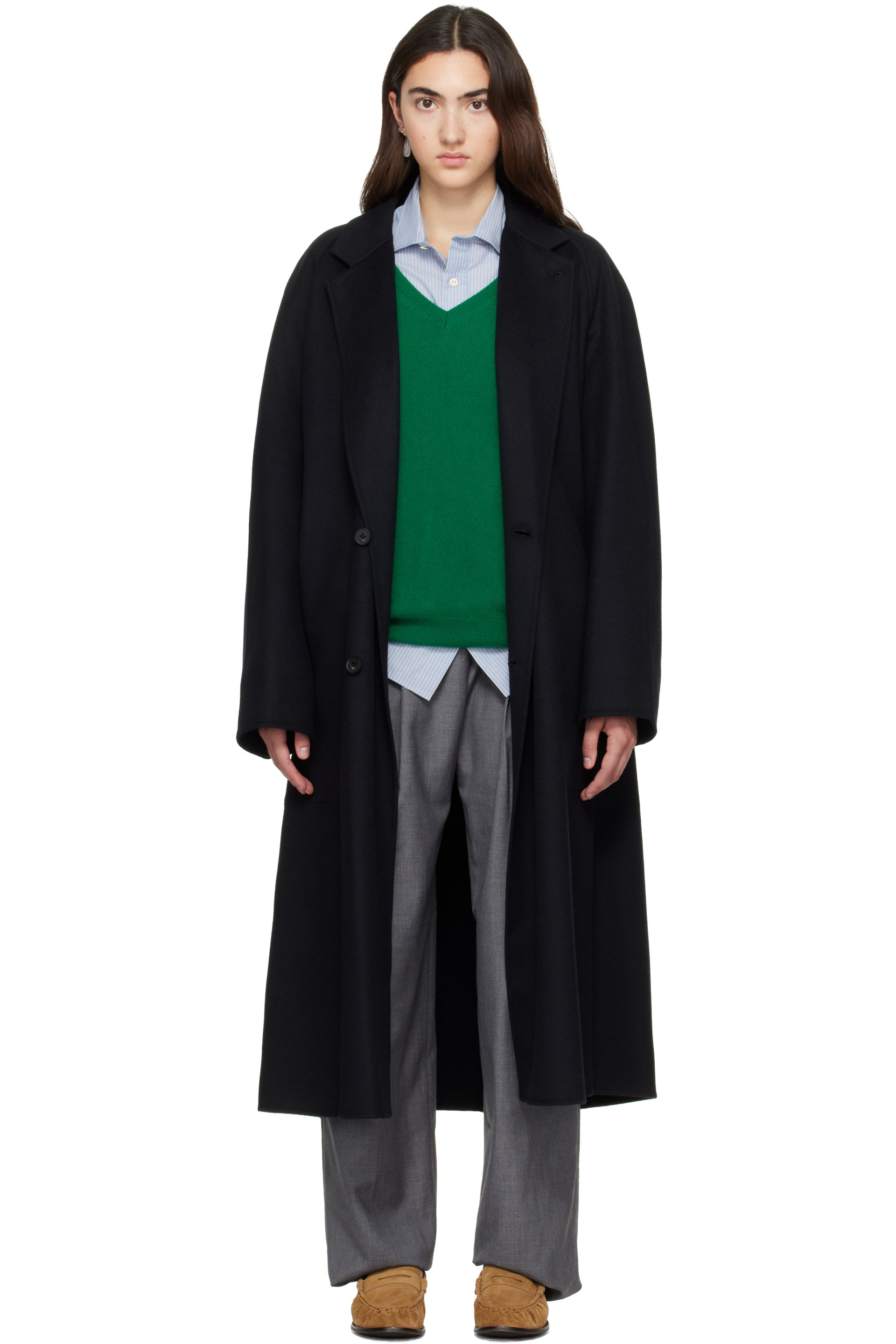 ssstein - Manteau noir en melton double face de laine et cachemire à revers tailleur