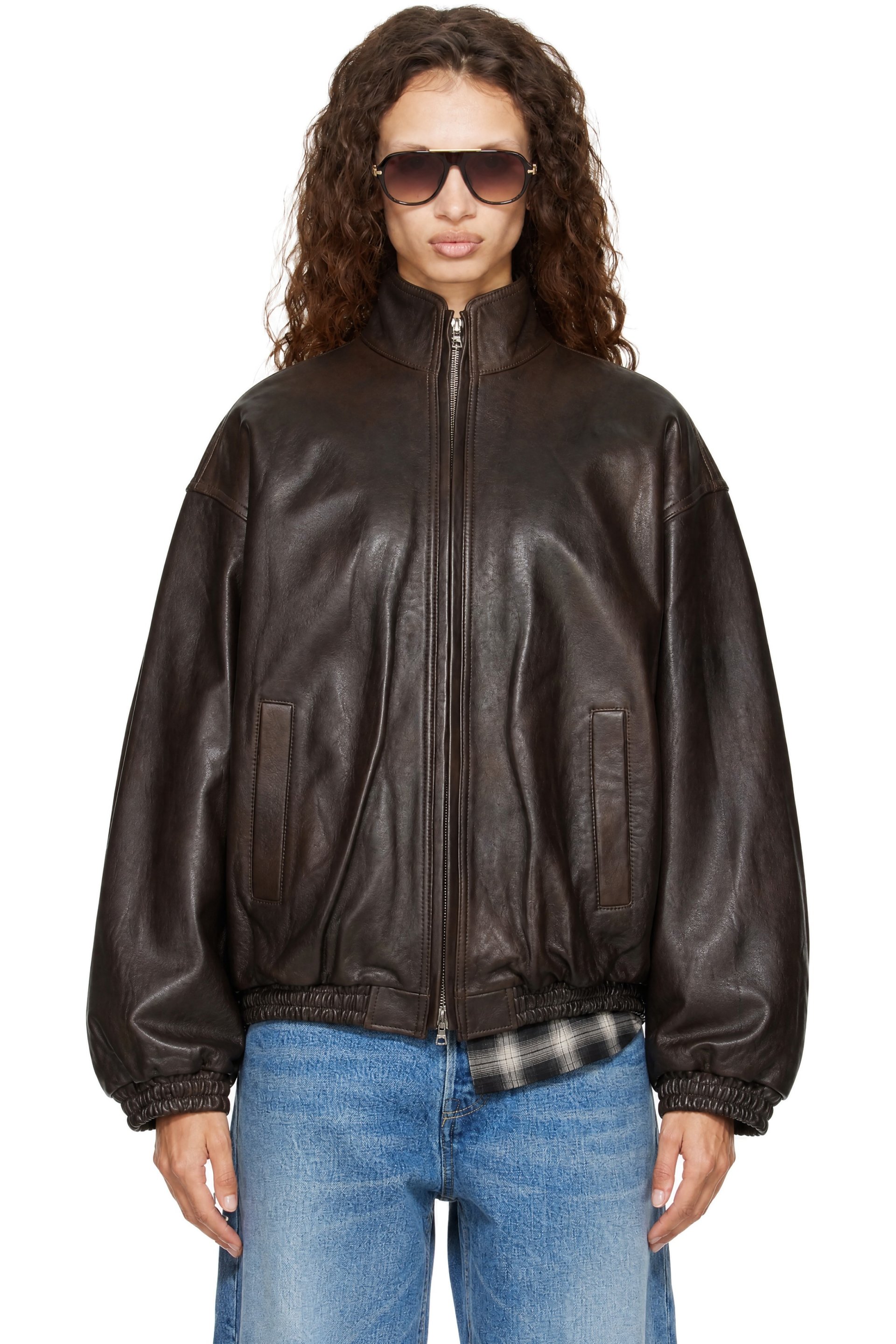 ssstein - Brown Stand Collar Sheep Leather Jacket