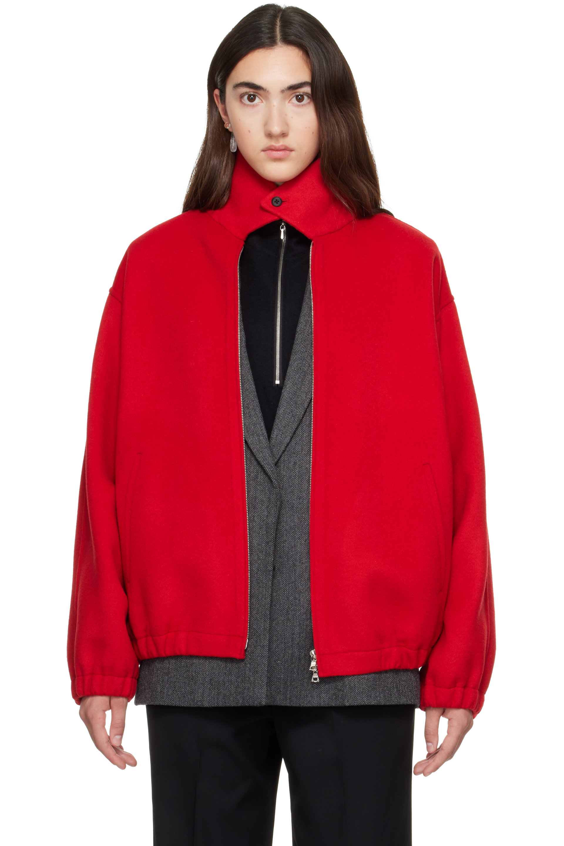 ssstein - Blouson rouge en melton double face de laine et cachemire à glissière