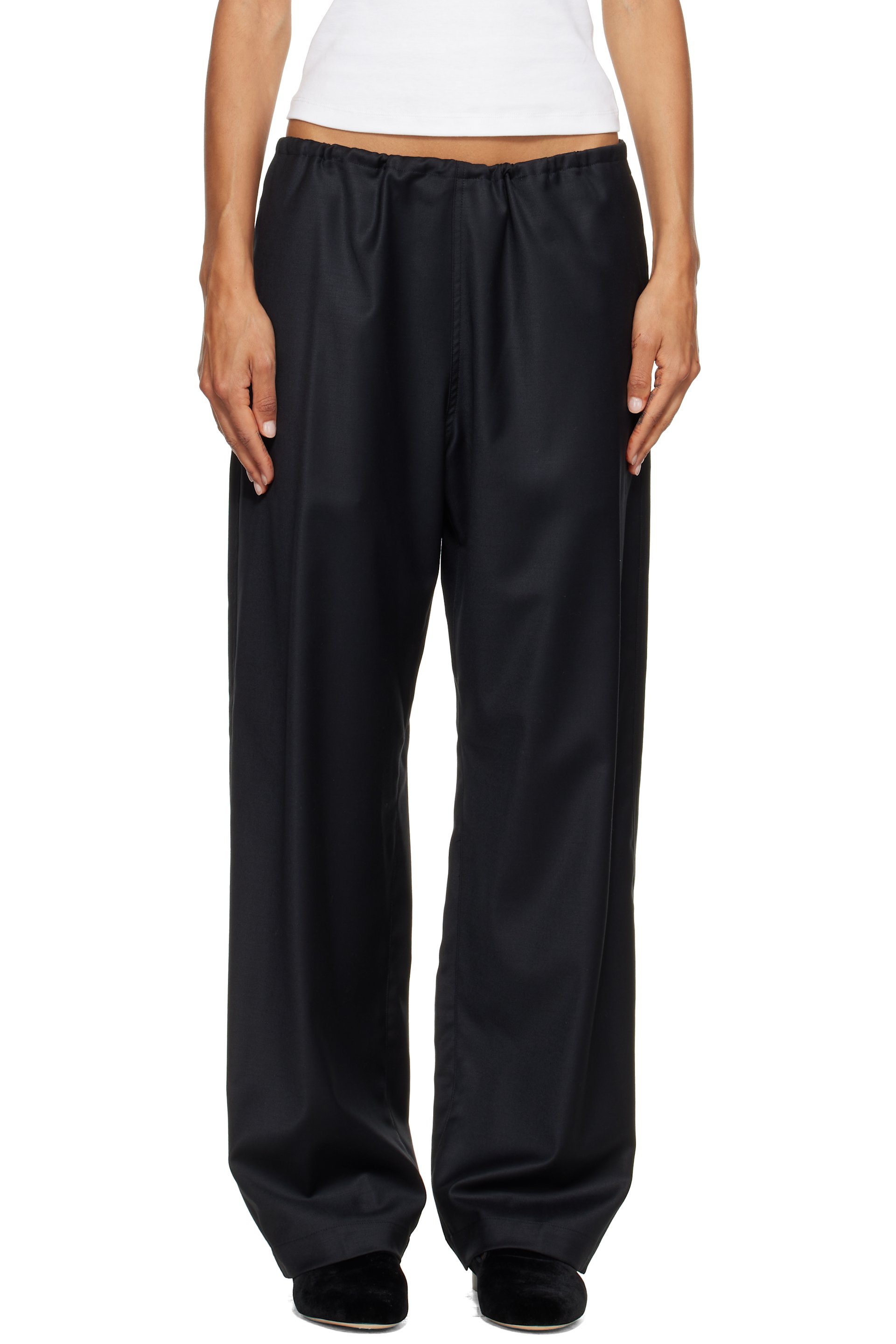 ssstein - Pantalon noir en laine et soie à cordon coulissant