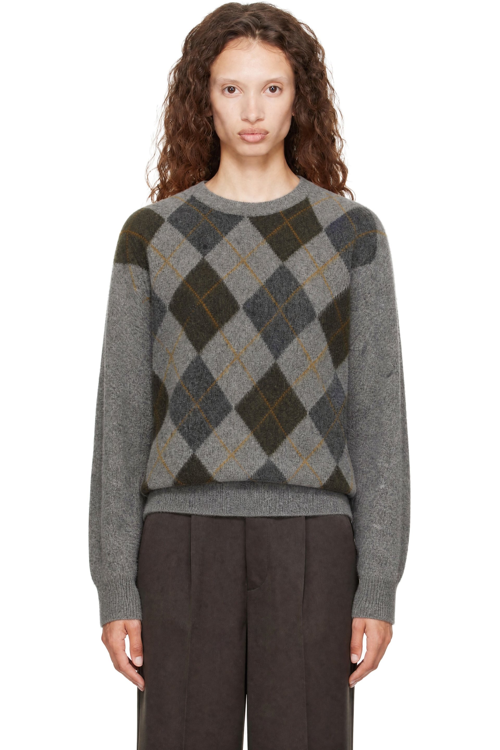 ssstein - Gray Fine Wool Argyle Knit Crew Neck Sweater