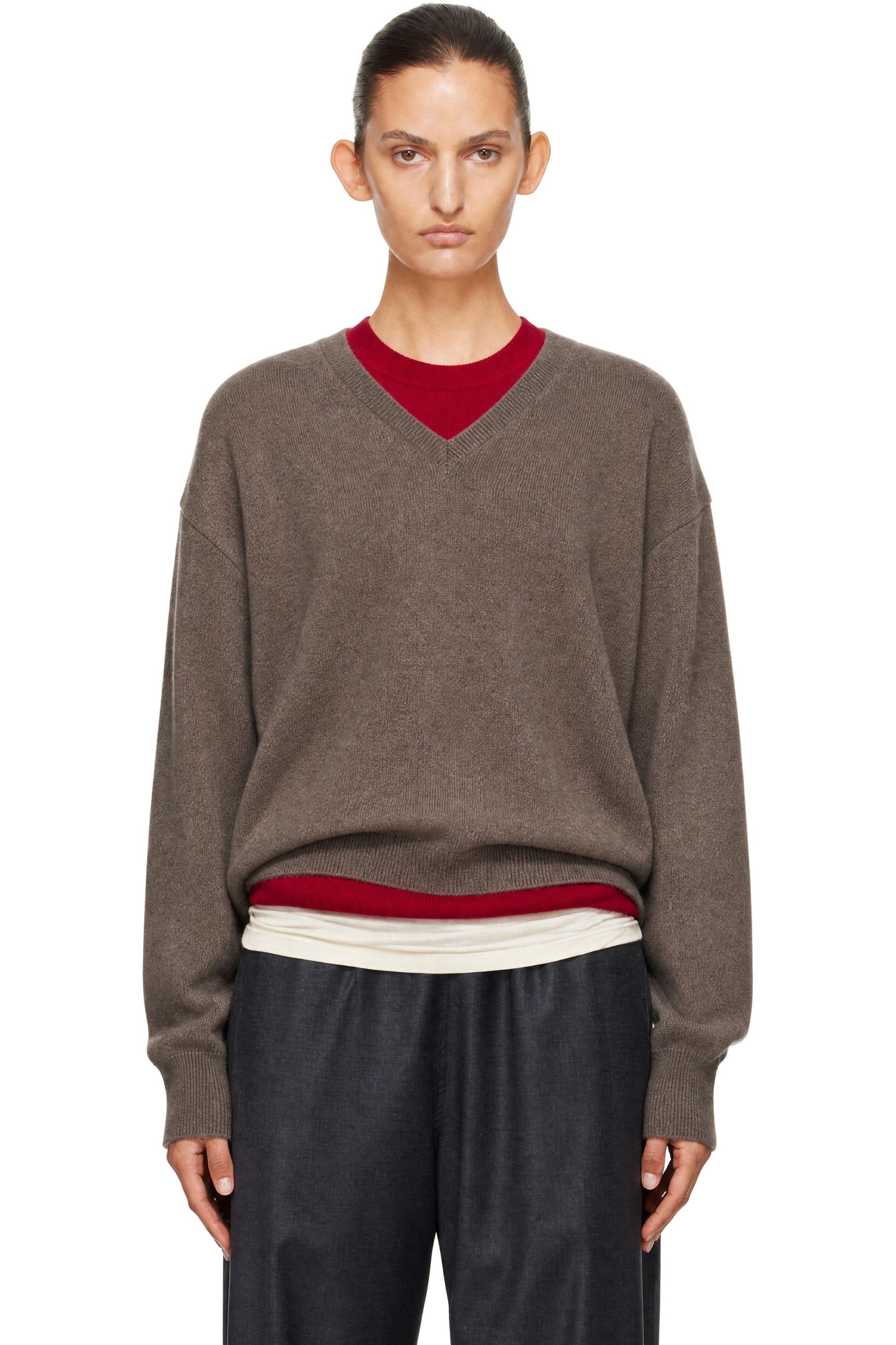 ssstein - Taupe Pure Cashmere Knit V-Neck Sweater