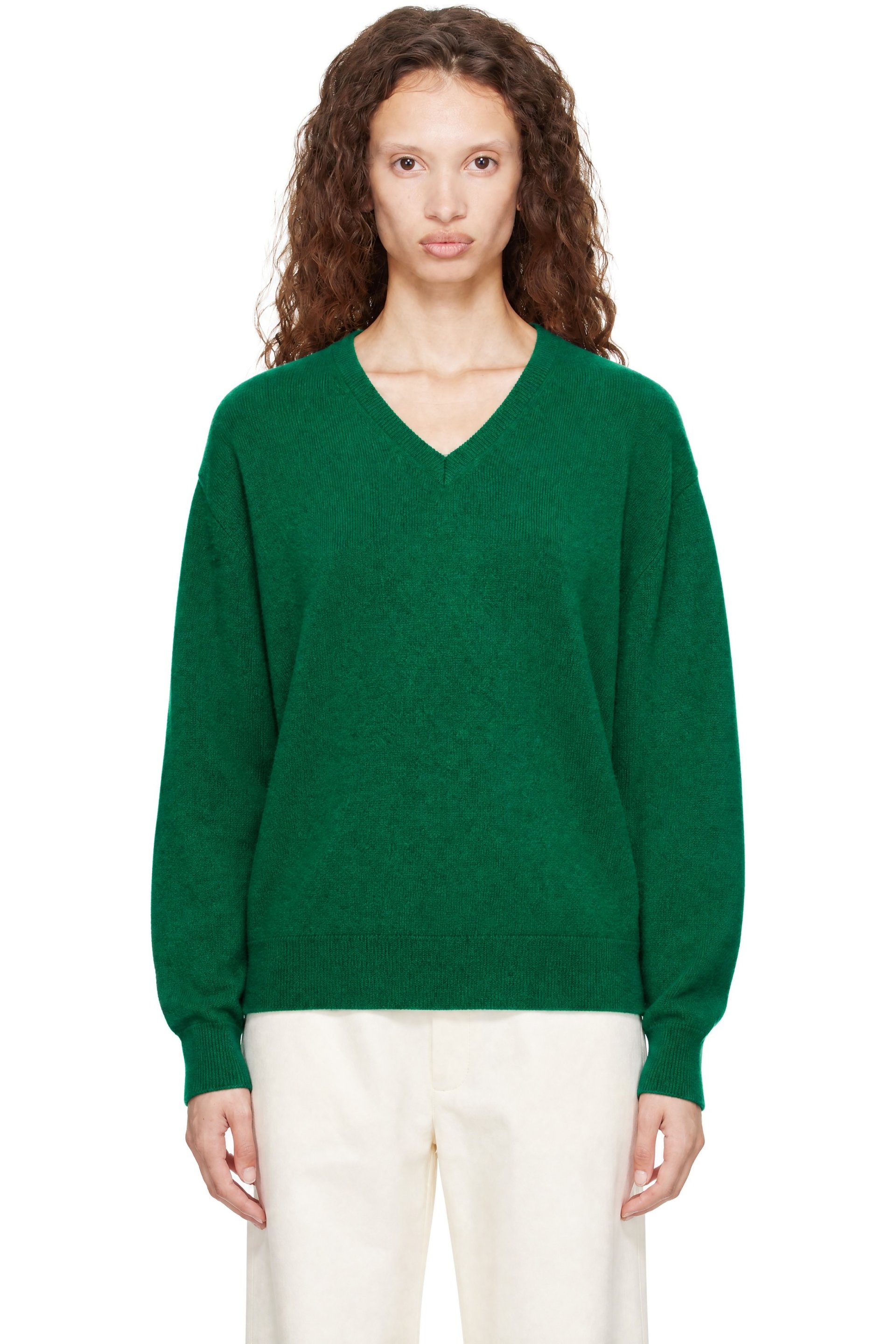 ssstein - Green Pure Cashmere Knit V-Neck Sweater
