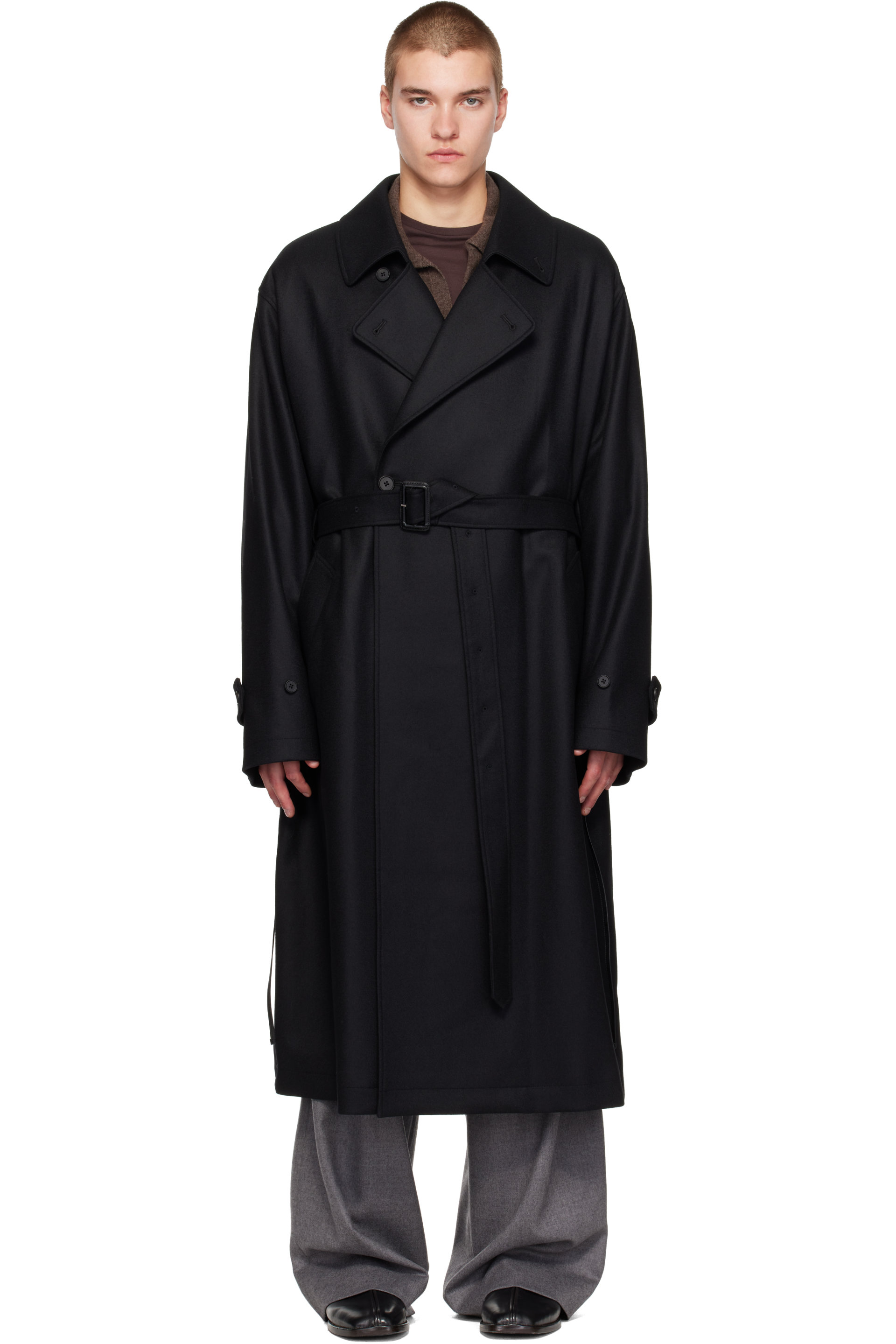 ssstein - Manteau surdimensionné noir en melton de laine à double boutonnage